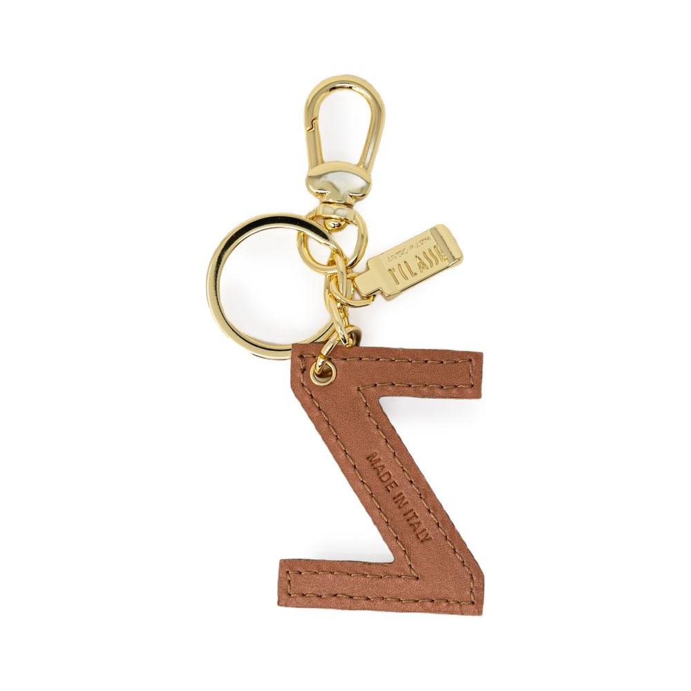 Alviero Martini Prima Classe beige leather keychain designed as the letter 'Z', attached to gold metal rings and hook clasp.
