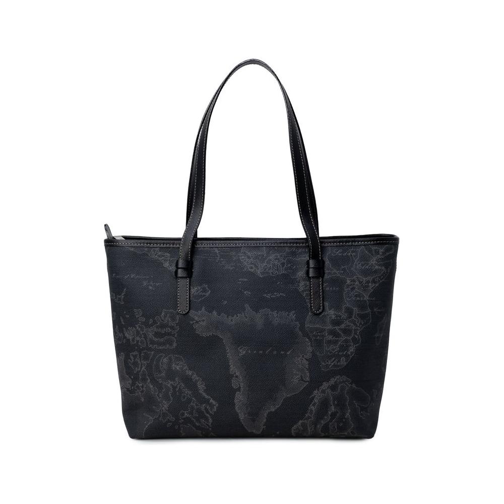 Alviero Martini Prima Classe black leather handbag, autumn/winter collection, featuring world map design. Size: 36x23.5x13.5 cm.
