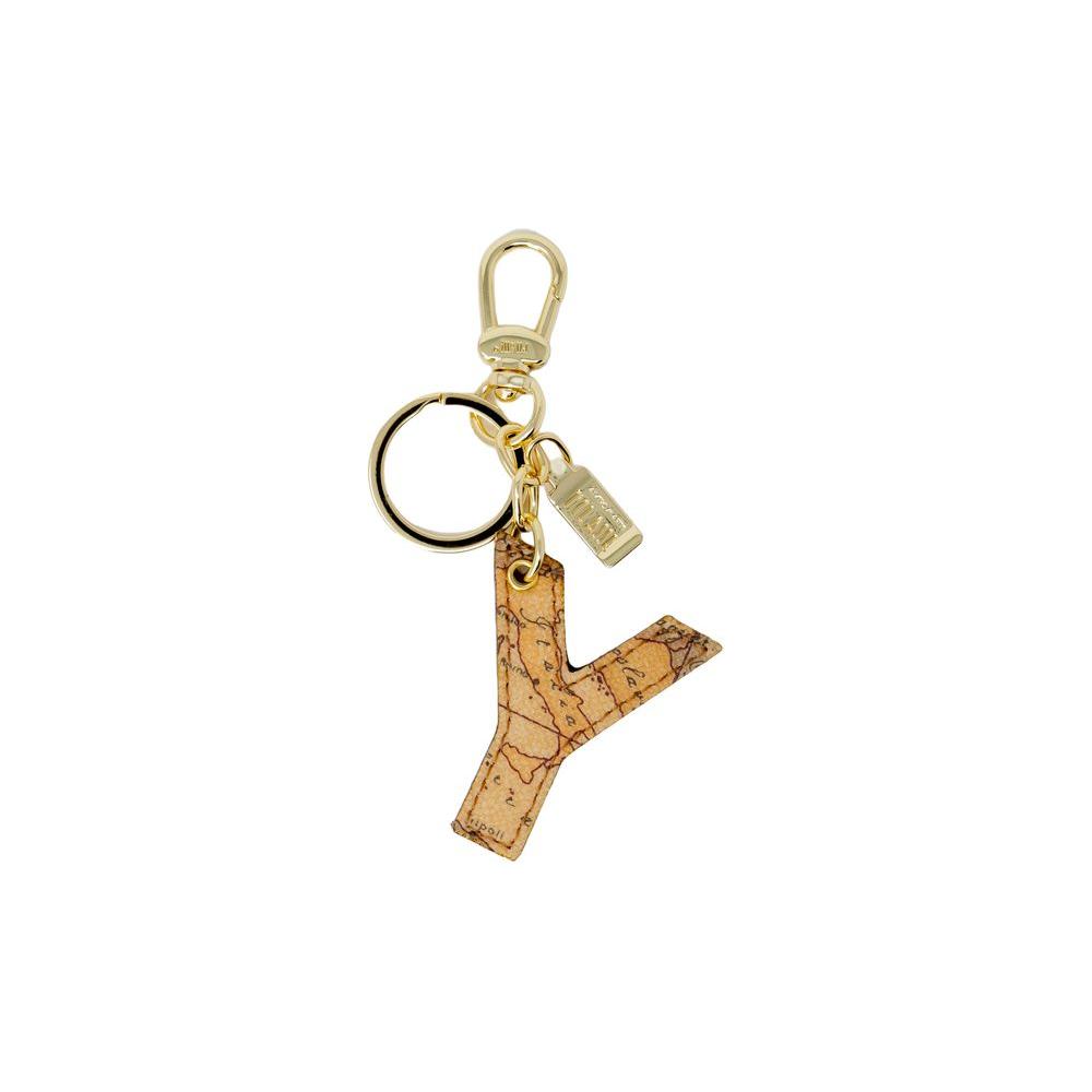 Alviero Martini Prima Classe beige eco-leather keychain in Y shape with golden snap hook and ring, stylish accessory for keys or bags.