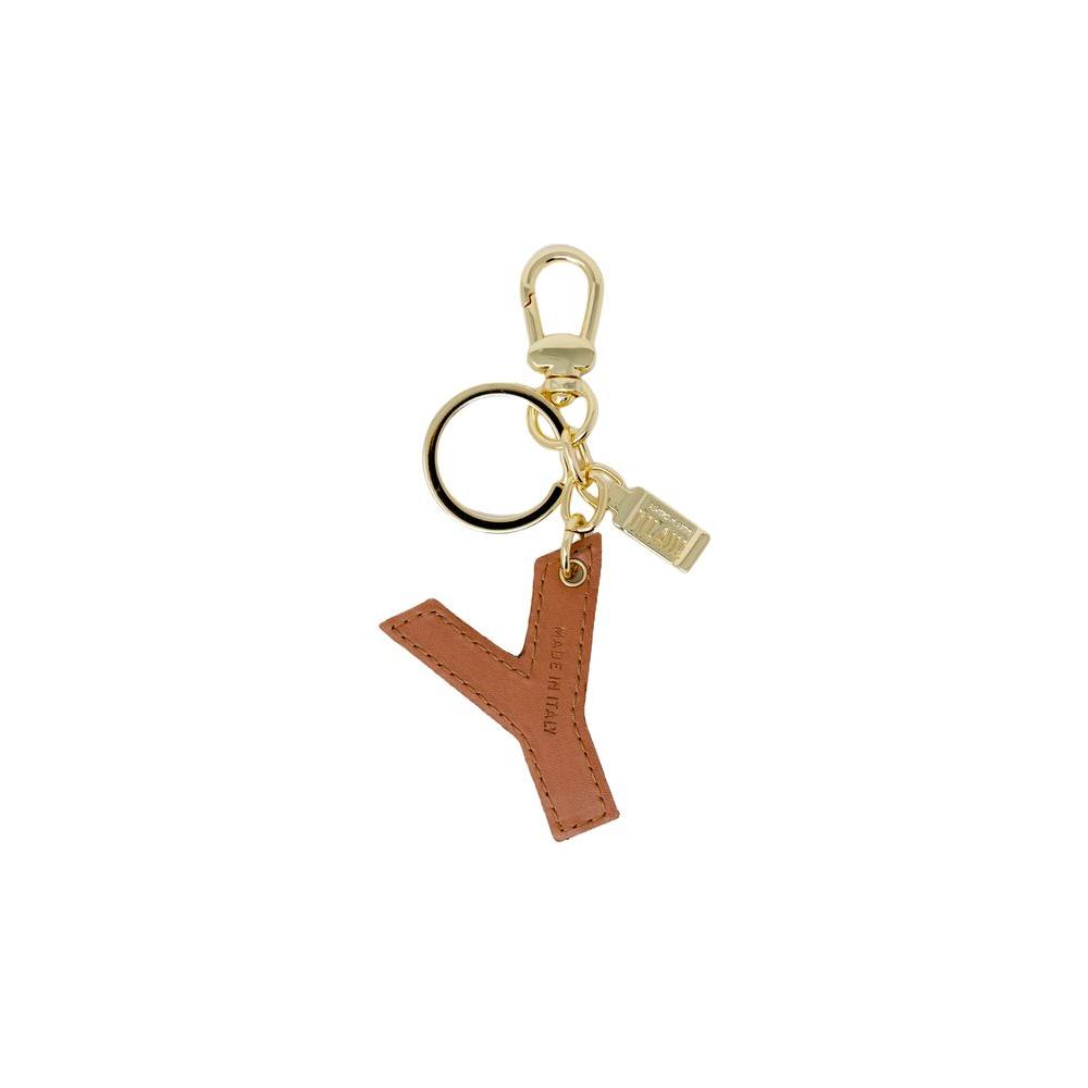 Alviero Martini Prima Classe beige eco-leather keychain with Y shape, gold ring, and snap hook for bags or keys.