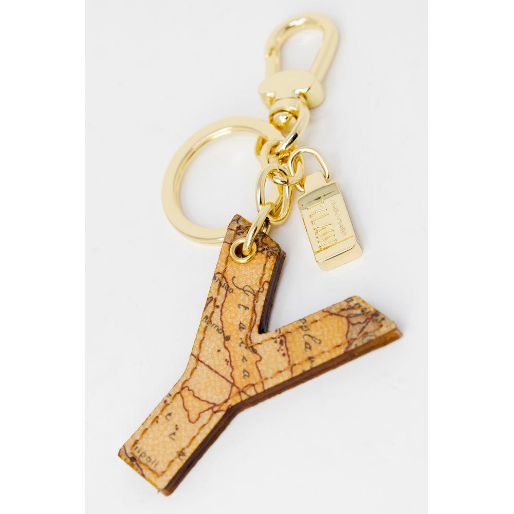 Alviero Martini Prima Classe beige eco-leather 'Y' keychain with golden ring and snap hook for bags or keys.