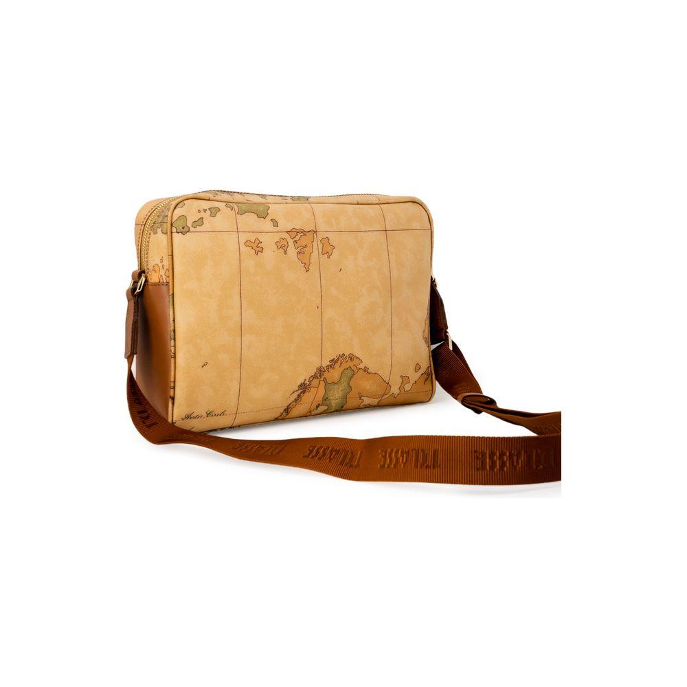 Alviero Martini Prima Classe beige polyester handbag with world map design and brown strap, ideal for stylish everyday use.