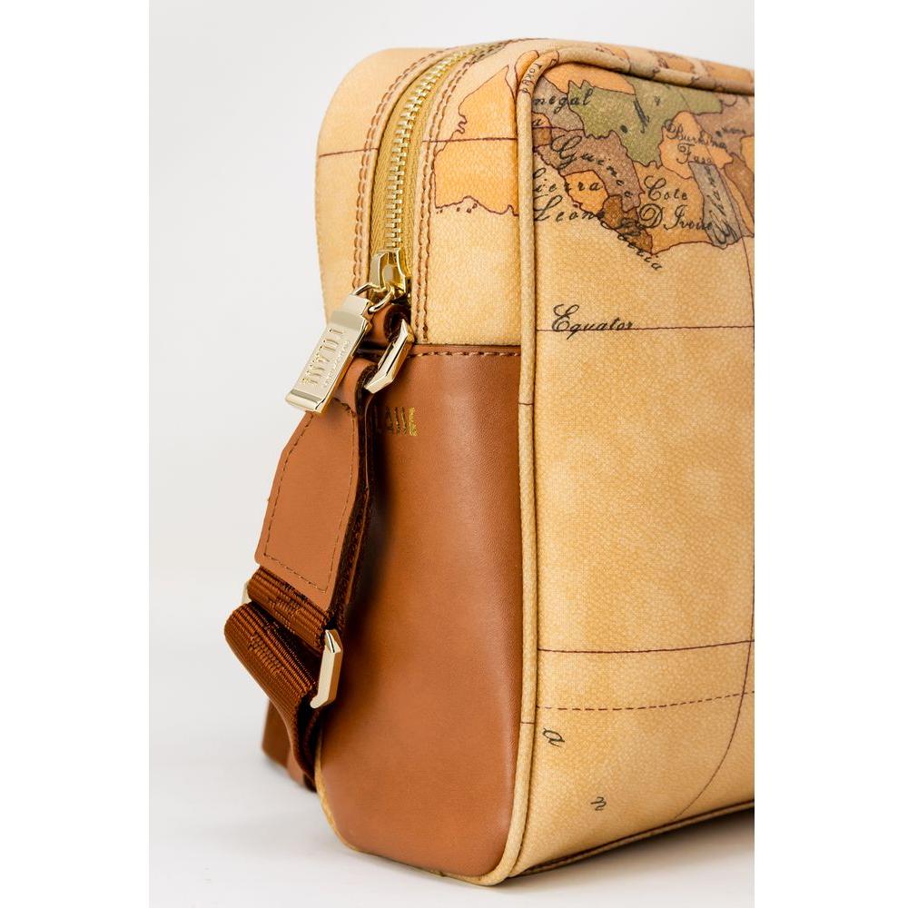 Alviero Martini Prima Classe beige handbag with map design, highlighting the side view and zip, made of PVC-cotton blend.