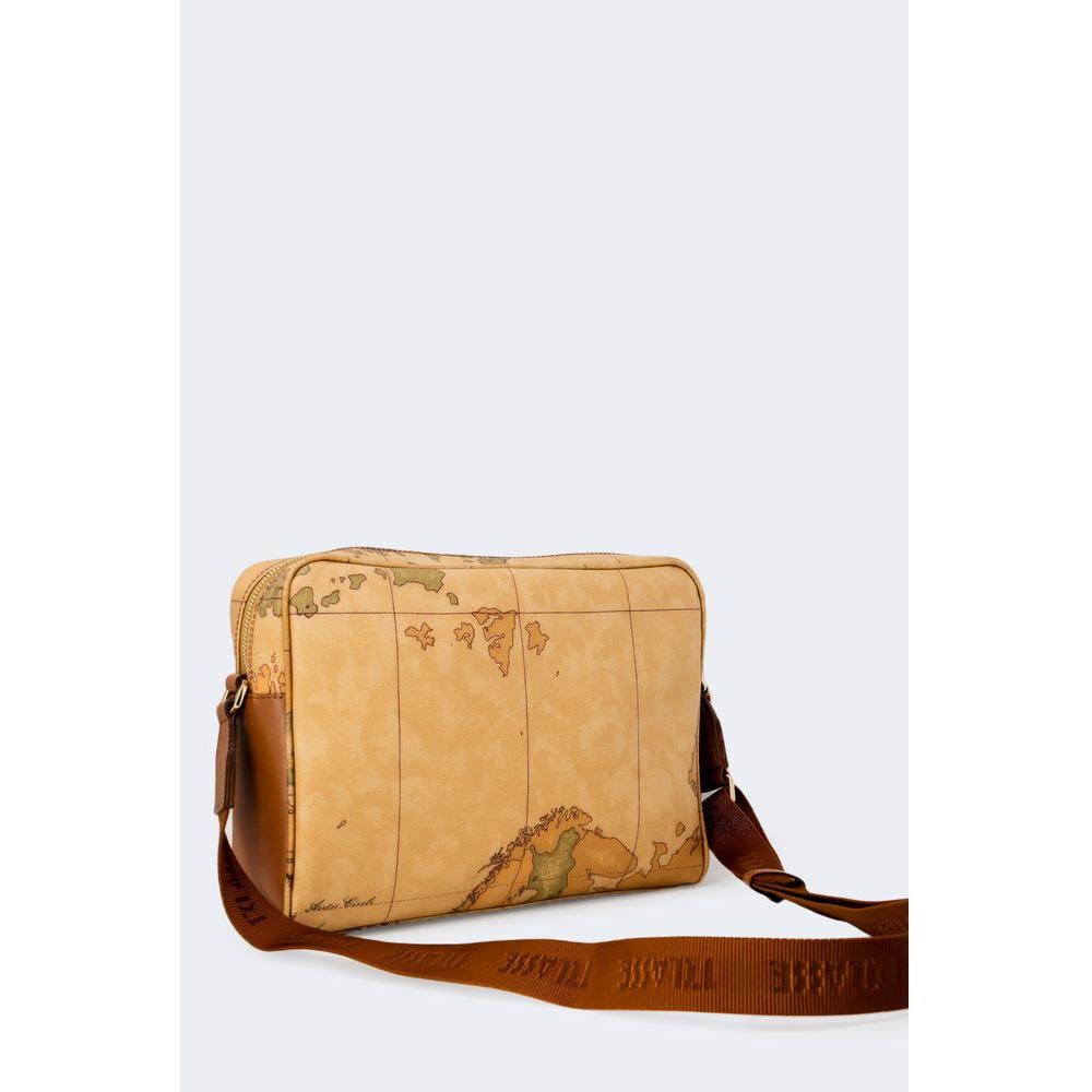 Alviero Martini Prima Classe beige polyester handbag with world map design and brown strap on a white background.