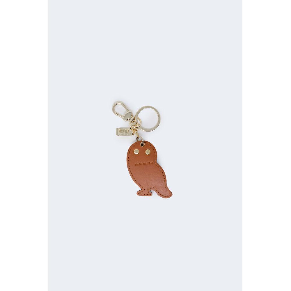 Alviero Martini Prima Classe owl-shaped beige leather keychain with metal attachments, stylish and practical accessory for women.