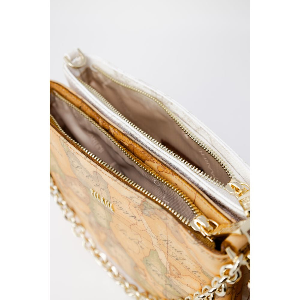 Alviero Martini Prima Classe beige leather handbag showing zippered compartments and chain strap, part of the Autumn/Winter collection.