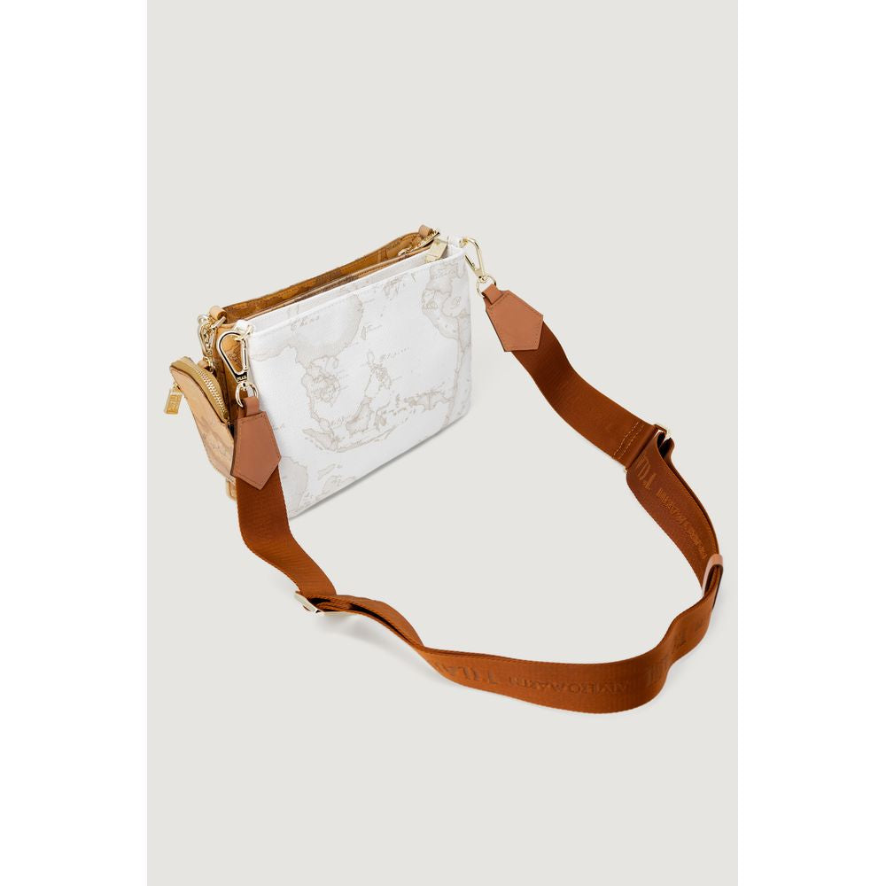 Alviero Martini Prima Classe beige leather handbag with map design, featuring brown adjustable strap. Ideal for autumn/winter collection.