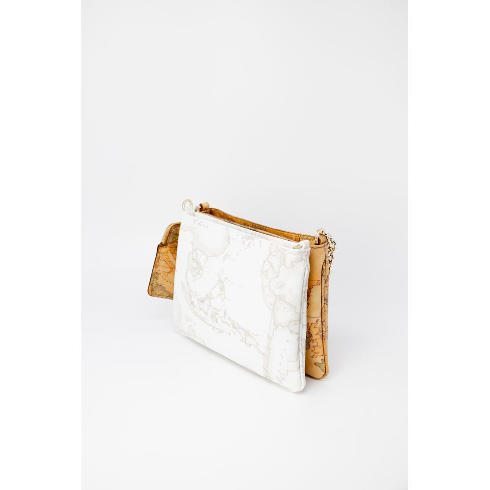 Elegant beige leather handbag with map design, suitable for autumn/winter collection, features dual compartments with gold chains.