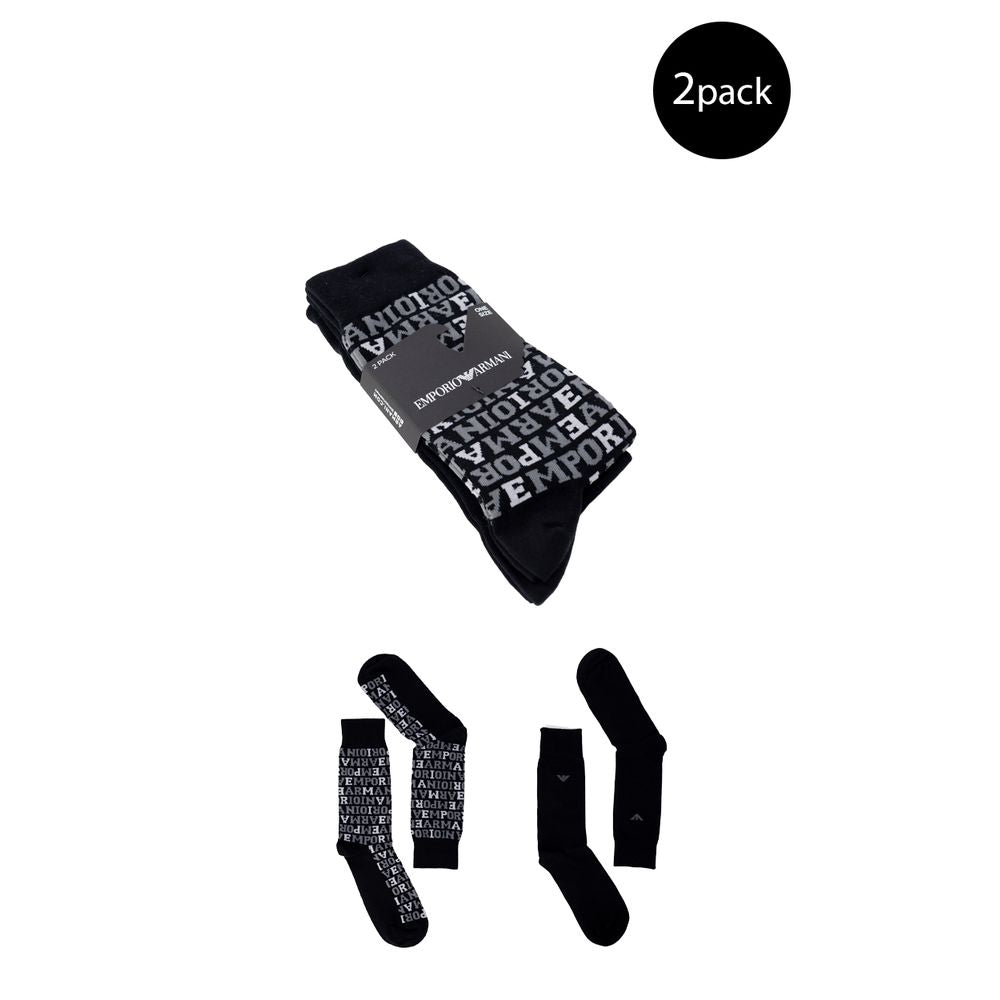 Emporio Armani black cotton socks 2-pack for men, featuring stylish design, made from 64% cotton, 33% polyamide, 3% elastane for comfort.