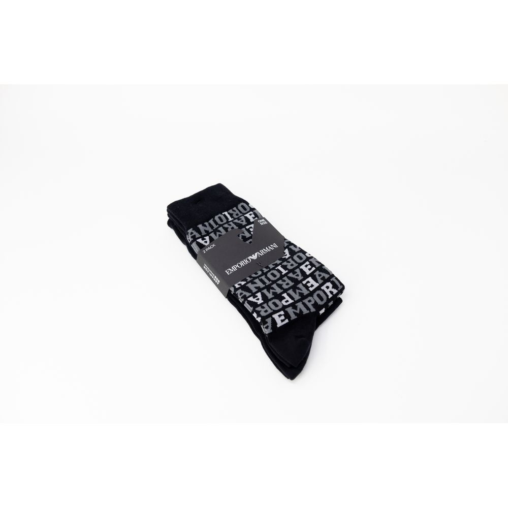 Emporio Armani men's black cotton socks with brand logo, made from a blend of cotton, polyamide, and elastane for comfort and style.