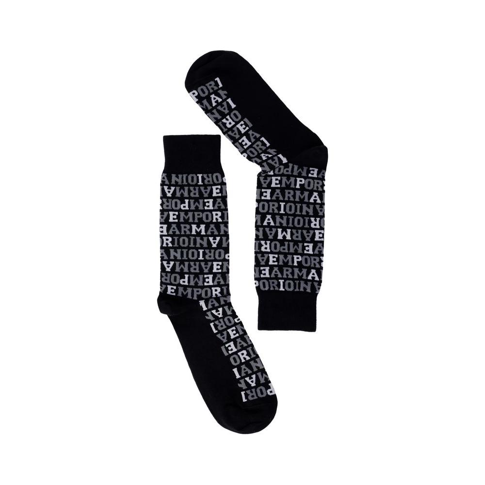 Emporio Armani black cotton socks with logo pattern, comfortable long design for men. Perfect for everyday style and comfort.