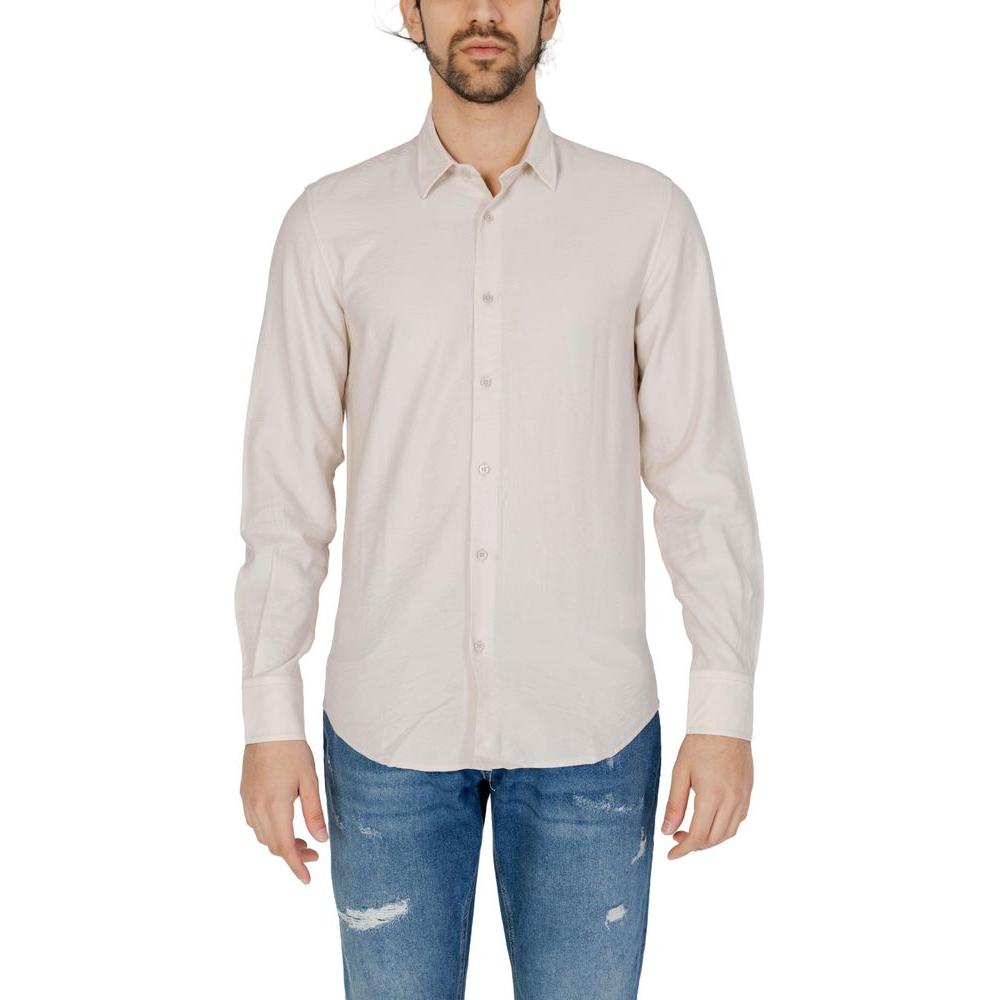 Antony Morato beige viscose men's long sleeve shirt, ideal for spring/summer, featuring button-up design and comfortable fit.