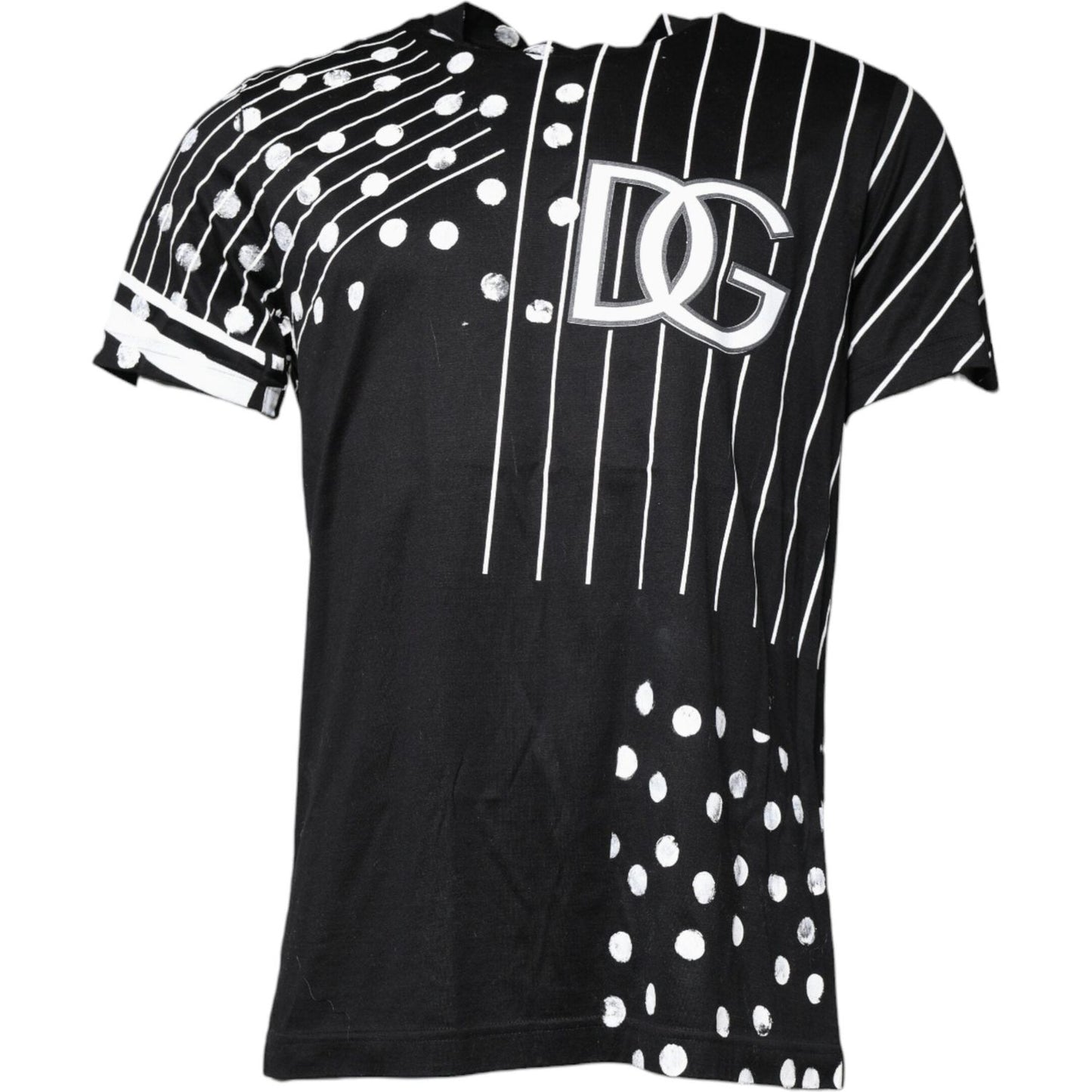 Dolce & Gabbana black cotton polka dot t-shirt with round neck and short sleeves, featuring logo details.