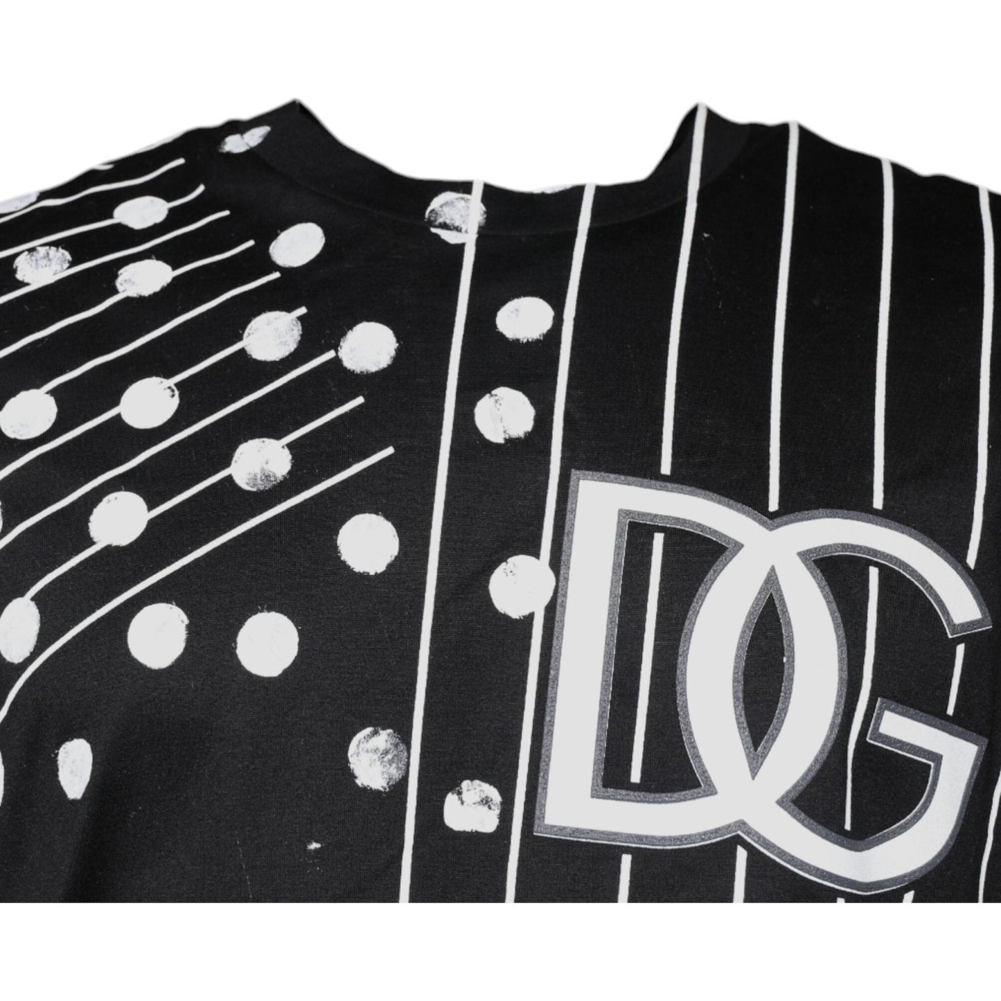 Dolce & Gabbana black cotton t-shirt with polka dots, round neck, DG logo, and minor print discolorations.