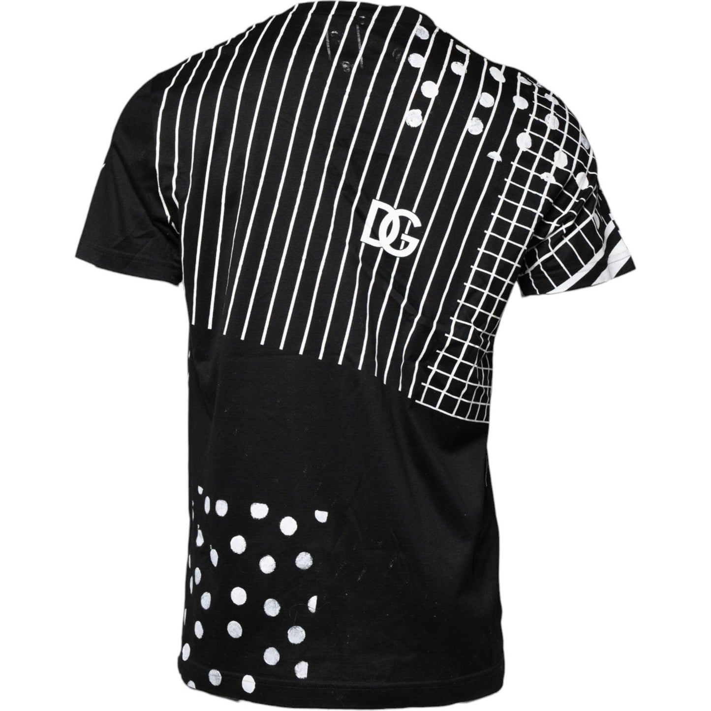 Dolce & Gabbana black cotton t-shirt with polka dots, stripes, and logos on the back, featuring a round neck and short sleeves.