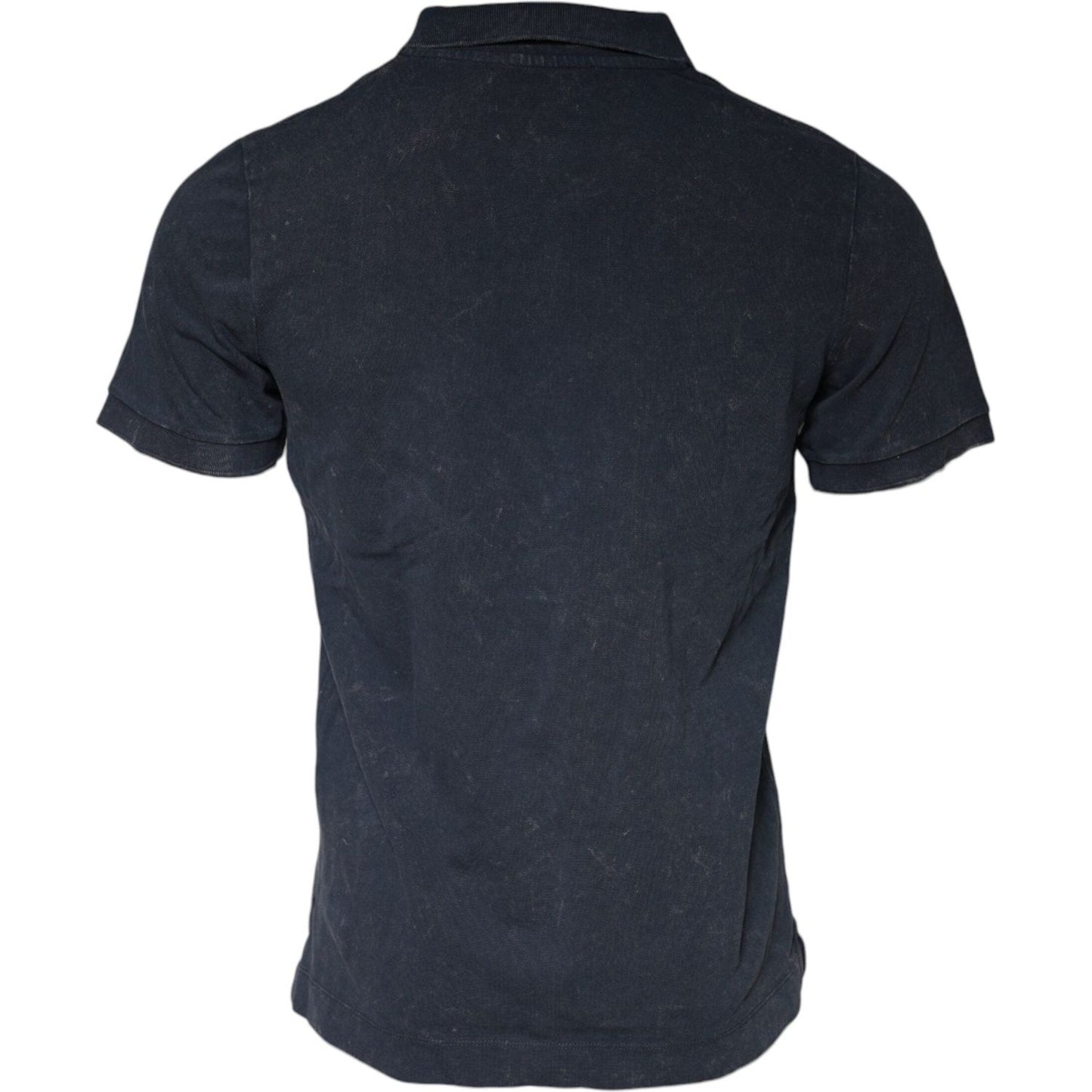 Back view of Dolce & Gabbana dark blue collared polo t-shirt showing repaired holes, 100% cotton, regular fit, made in Italy.
