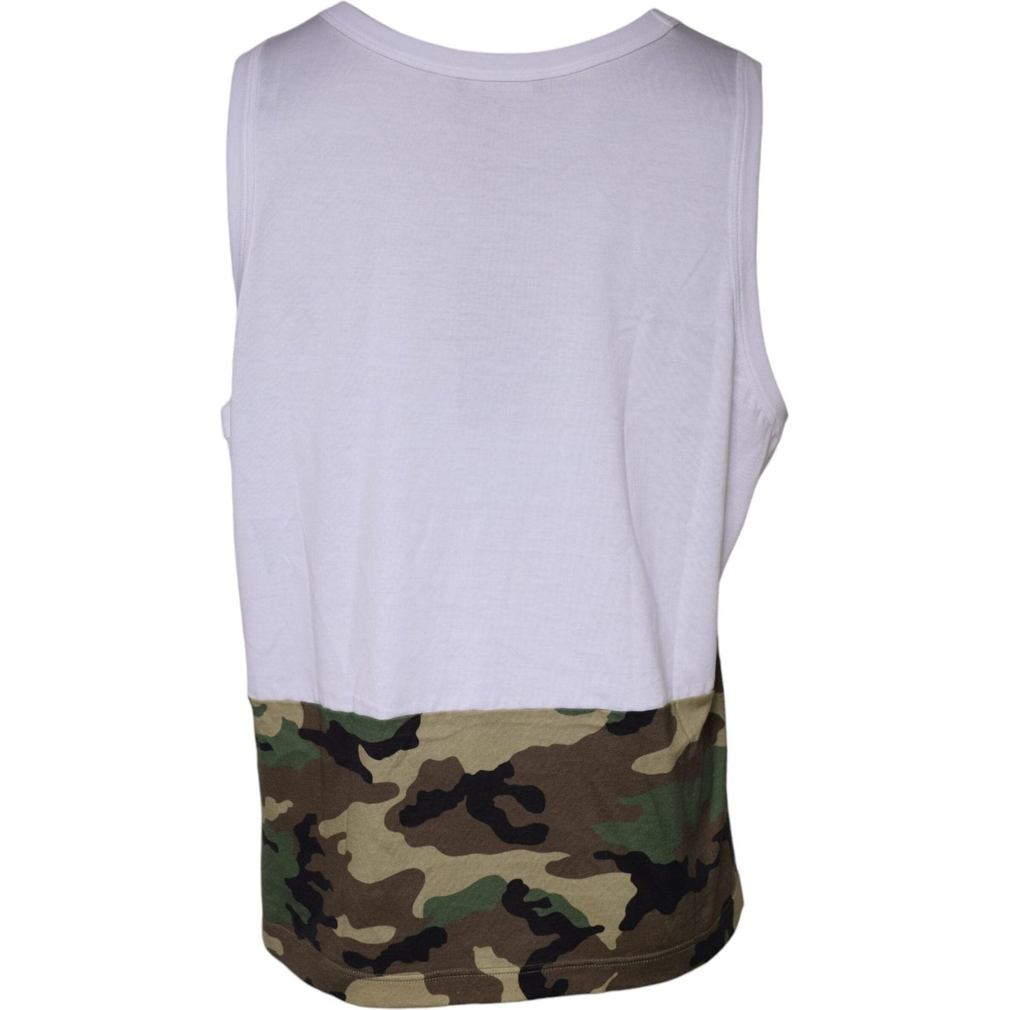 Back view of Dolce & Gabbana white camouflage sleeveless tank top with round neck, cotton blend, minor stains, made in Italy.