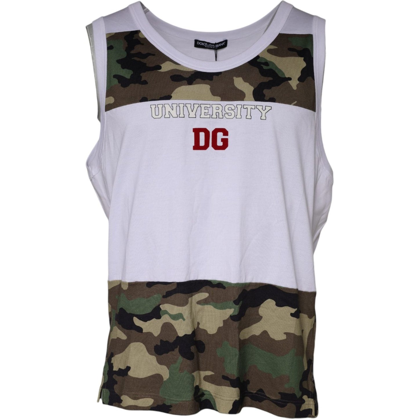 Dolce & Gabbana white camouflage tank top with 'University DG' text, sleeveless design, round neck, minor stains on front and back.