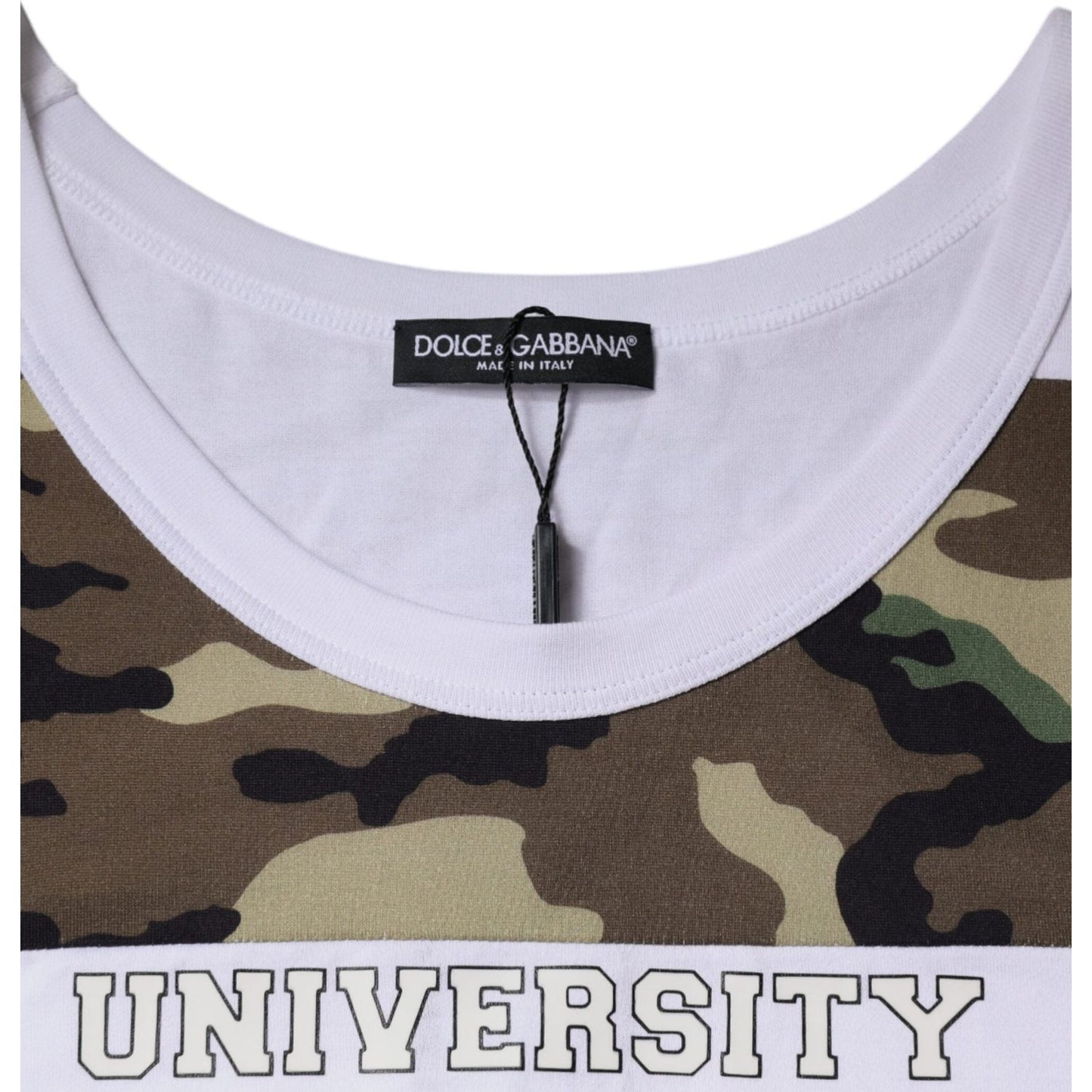 Dolce & Gabbana white camouflage tank top with round neck and "University" print, minor stains, cotton blend made in Italy.