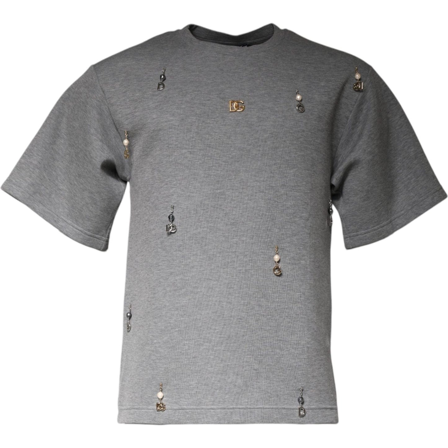 Dolce & Gabbana gray embellished cotton blend T-shirt with round neck and minor logo defect, made in Italy.