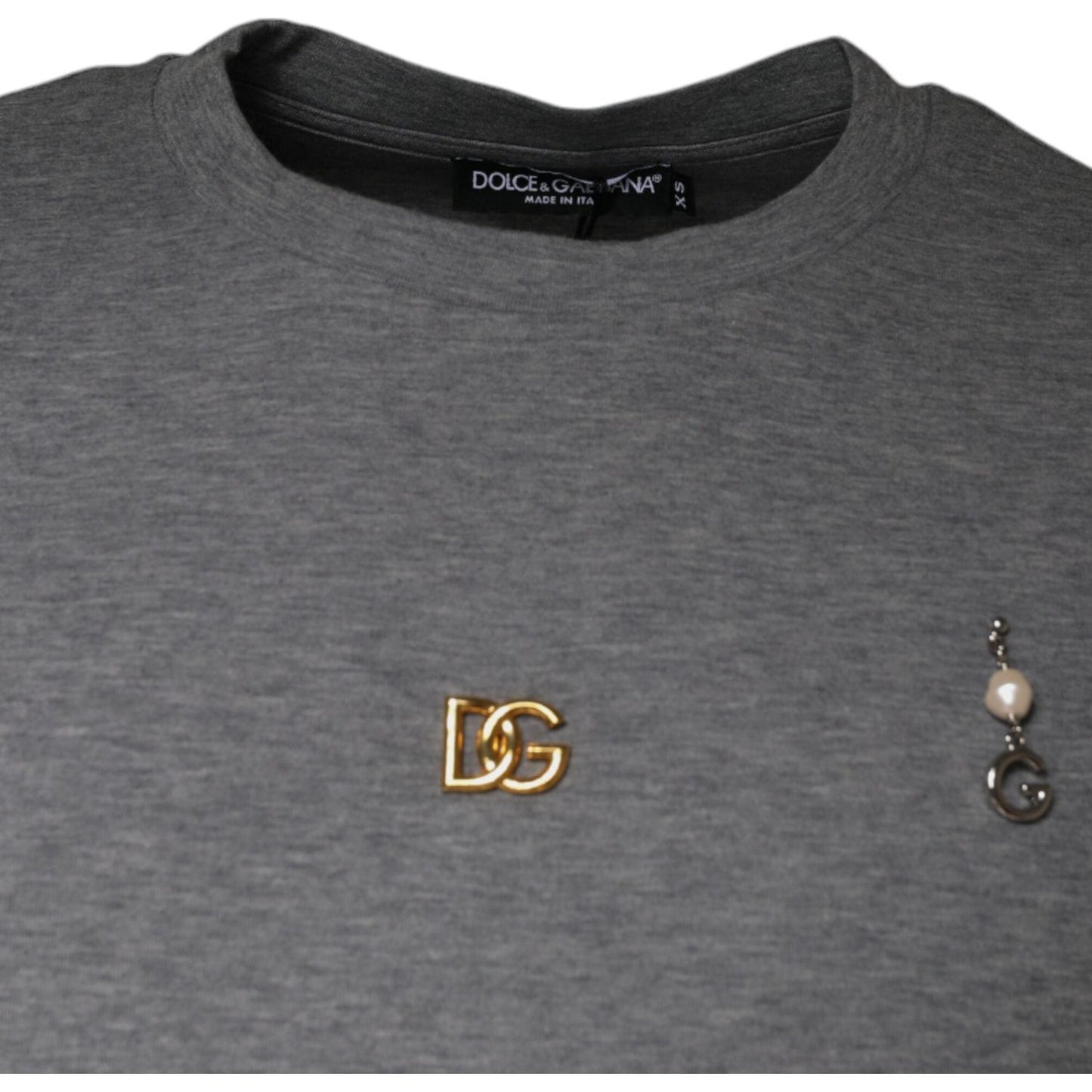Dolce & Gabbana gray cotton blend embellished tee with logo detail, round neck, short sleeves. Made in Italy. Minor defect: missing logo.