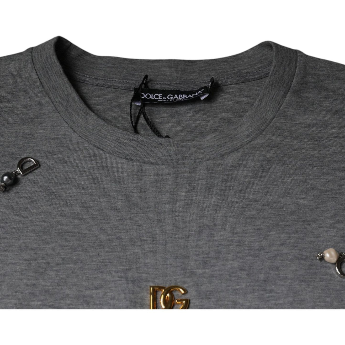 Dolce & Gabbana gray cotton blend embellished t-shirt with round neck, showing minor defect with missing logo detail.