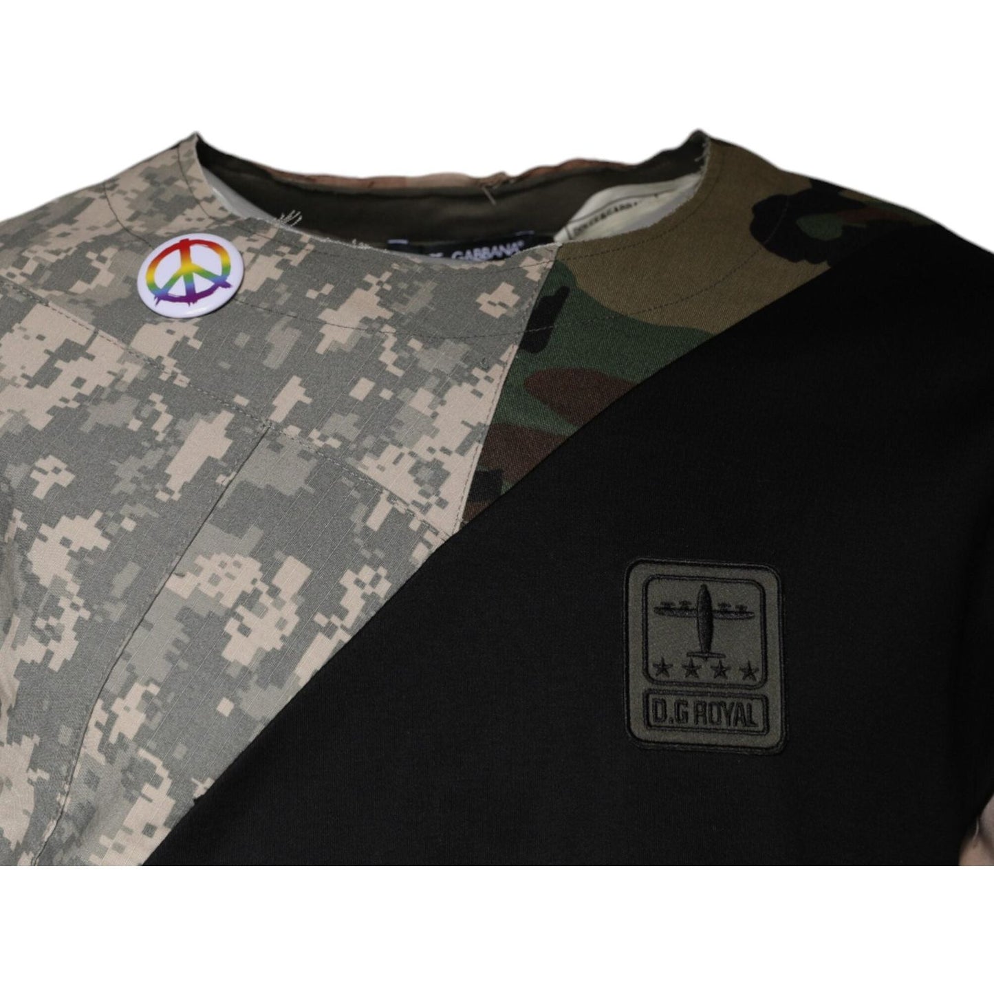 Dolce & Gabbana multicolor camouflage cotton round neck t-shirt with logo and peace symbol badge detail.