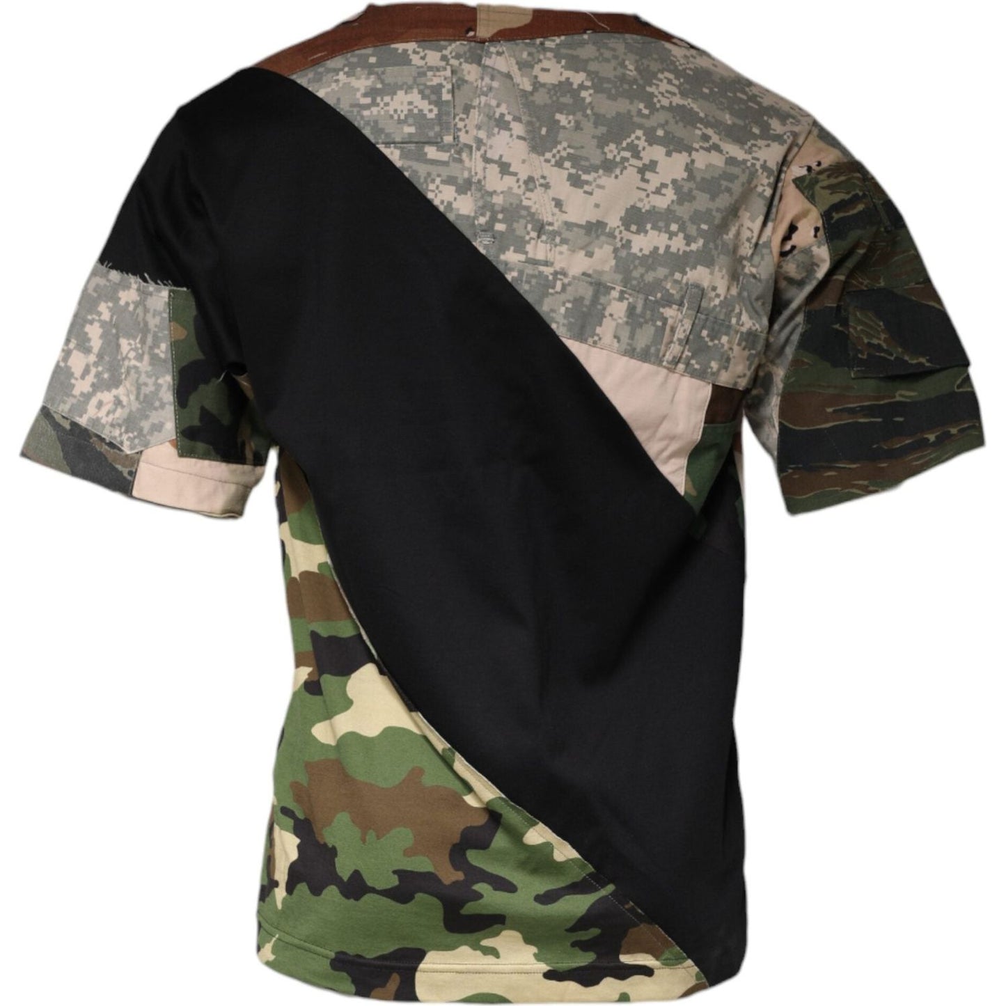 Dolce & Gabbana multicolor camouflage cotton round neck T-shirt, short sleeve; features logo details, made in Italy; regular fit.