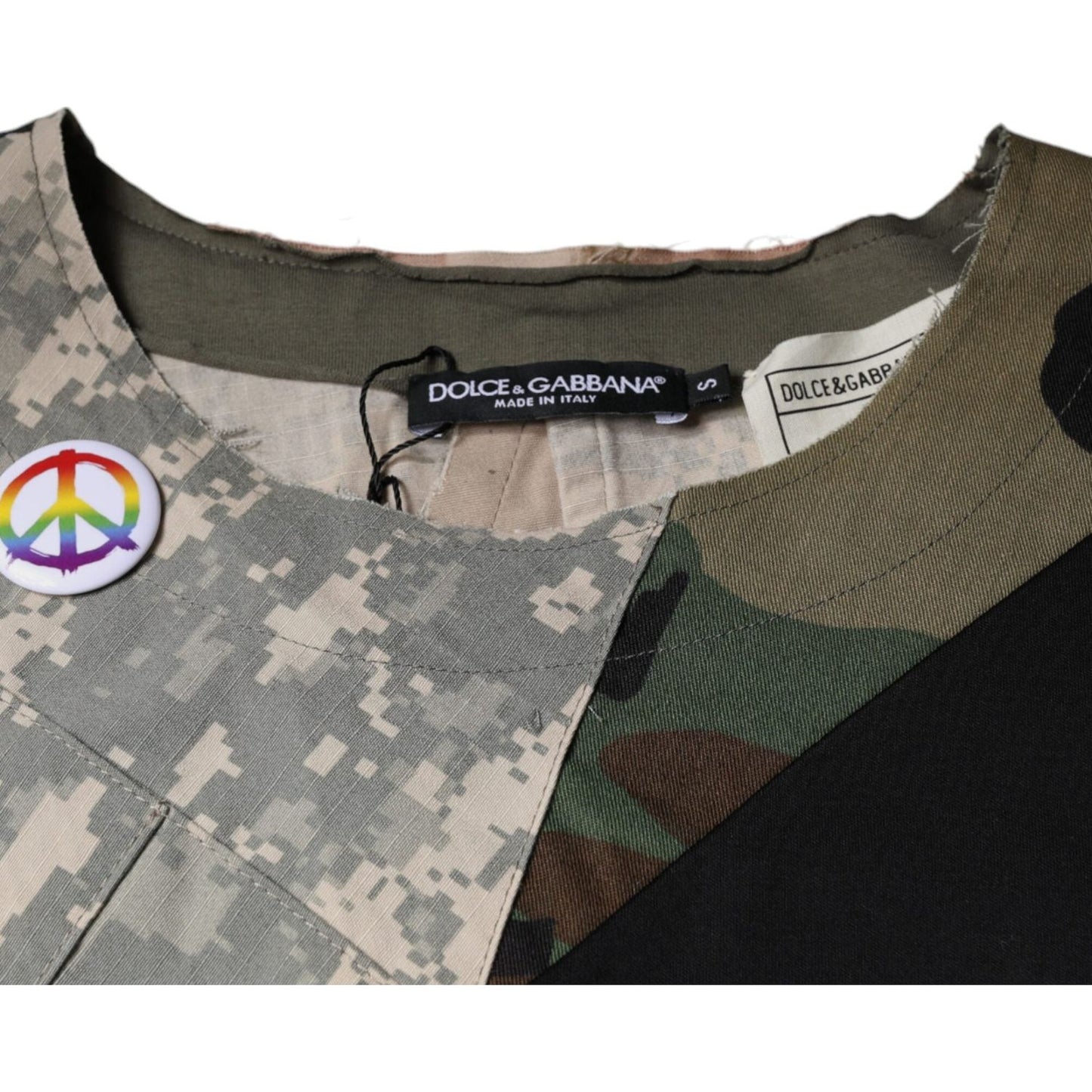 Dolce & Gabbana multicolor camouflage cotton round neck t-shirt with logo and peace sign button, made in Italy