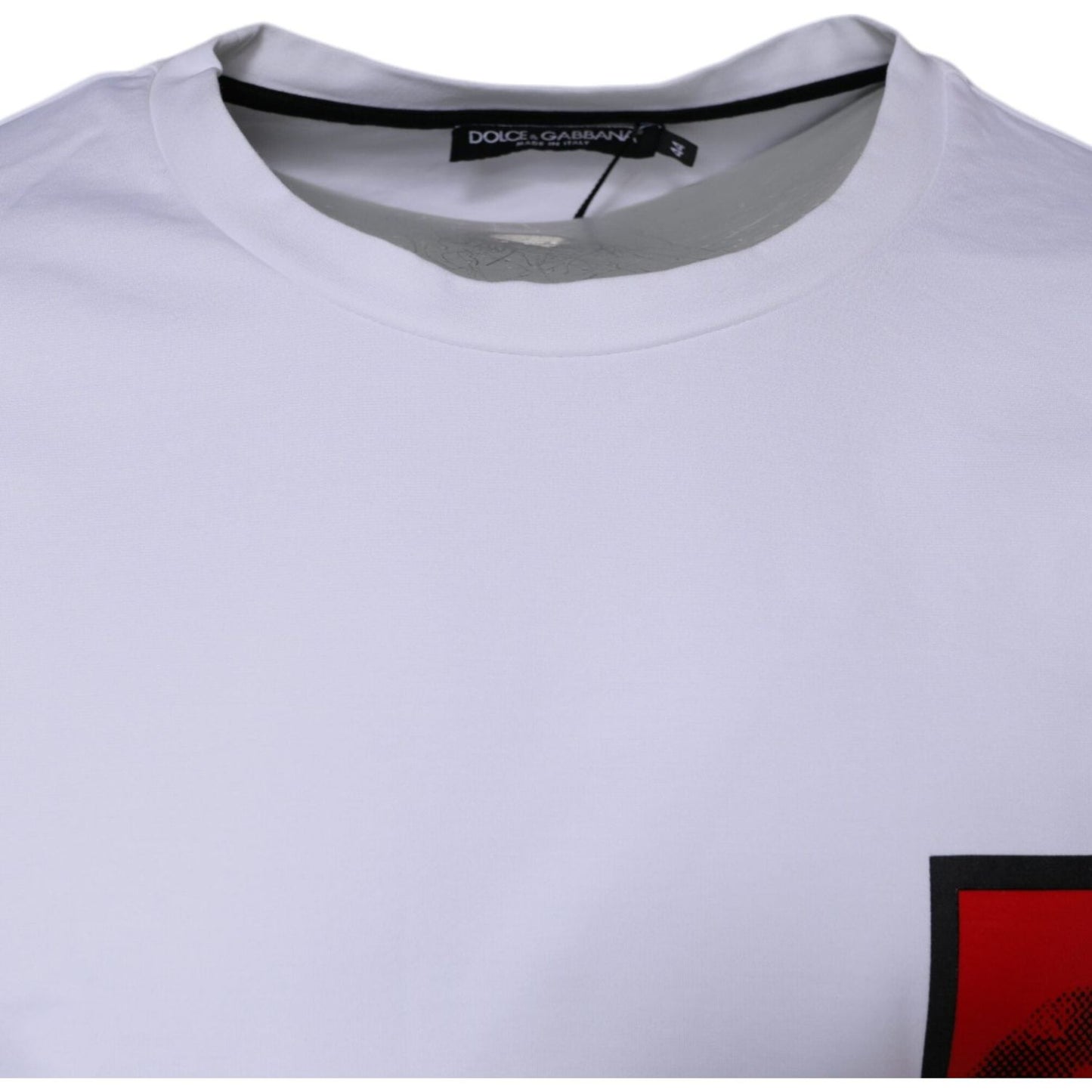 Dolce & Gabbana white and red lips print t-shirt, crew neck, short sleeves, minor stains visible, close-up view of chest area.