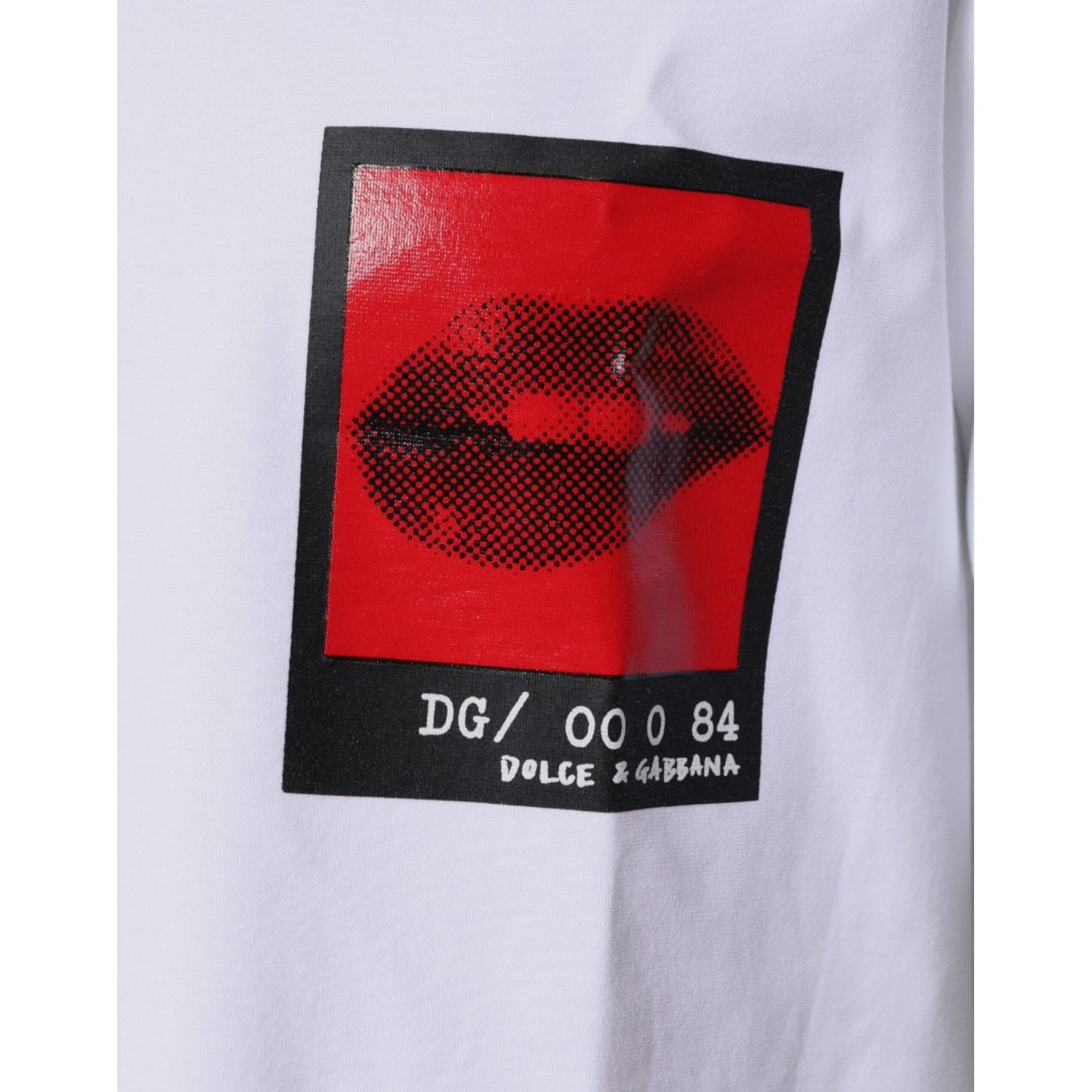 Dolce & Gabbana white t-shirt with red lips print, logo details visible, minor sleeve stains, cotton blend, short sleeves, Made in Italy