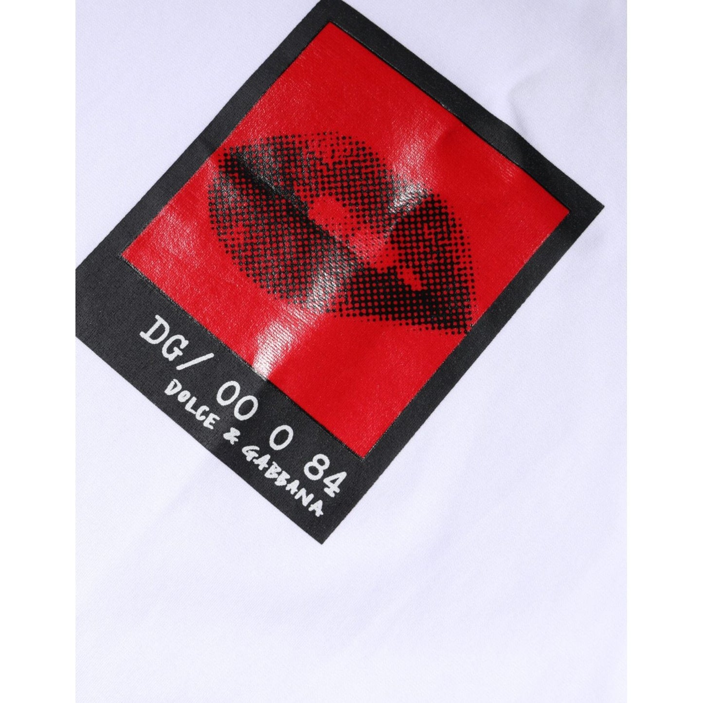 Dolce & Gabbana white T-shirt with red lips print and logo, crew neck, cotton blend. Features minor sleeve and back stains. Made in Italy.