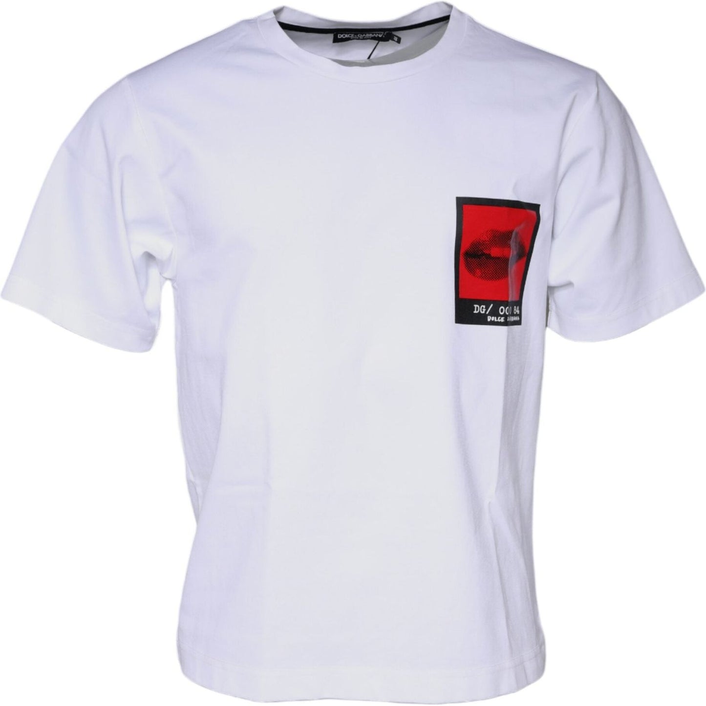 Dolce & Gabbana white t-shirt with red lips print, crew neck, short sleeves, made in Italy, cotton blend, logo details, minor defect visible.