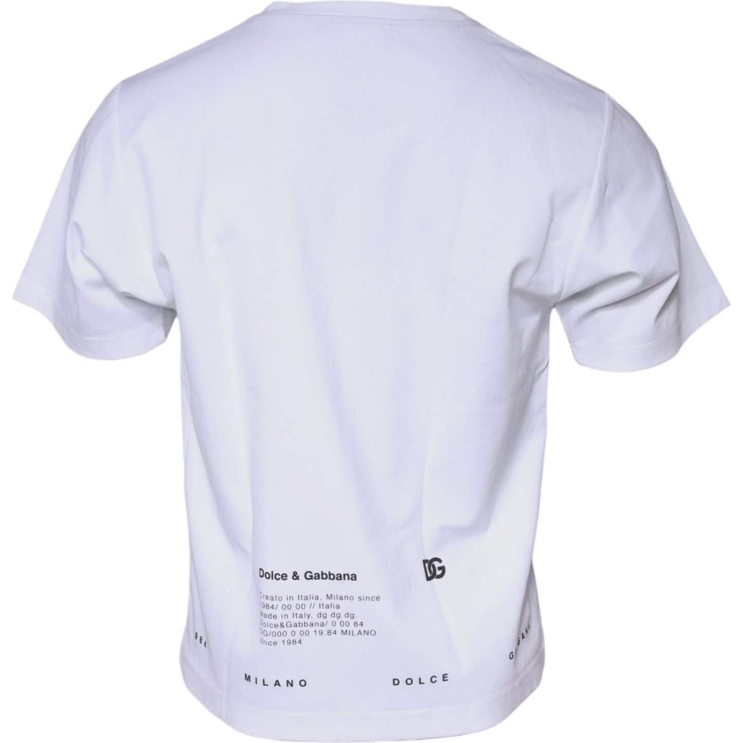 Back view of Dolce & Gabbana white cotton T-shirt with logo and text print, short sleeves, crew neck, made in Italy.