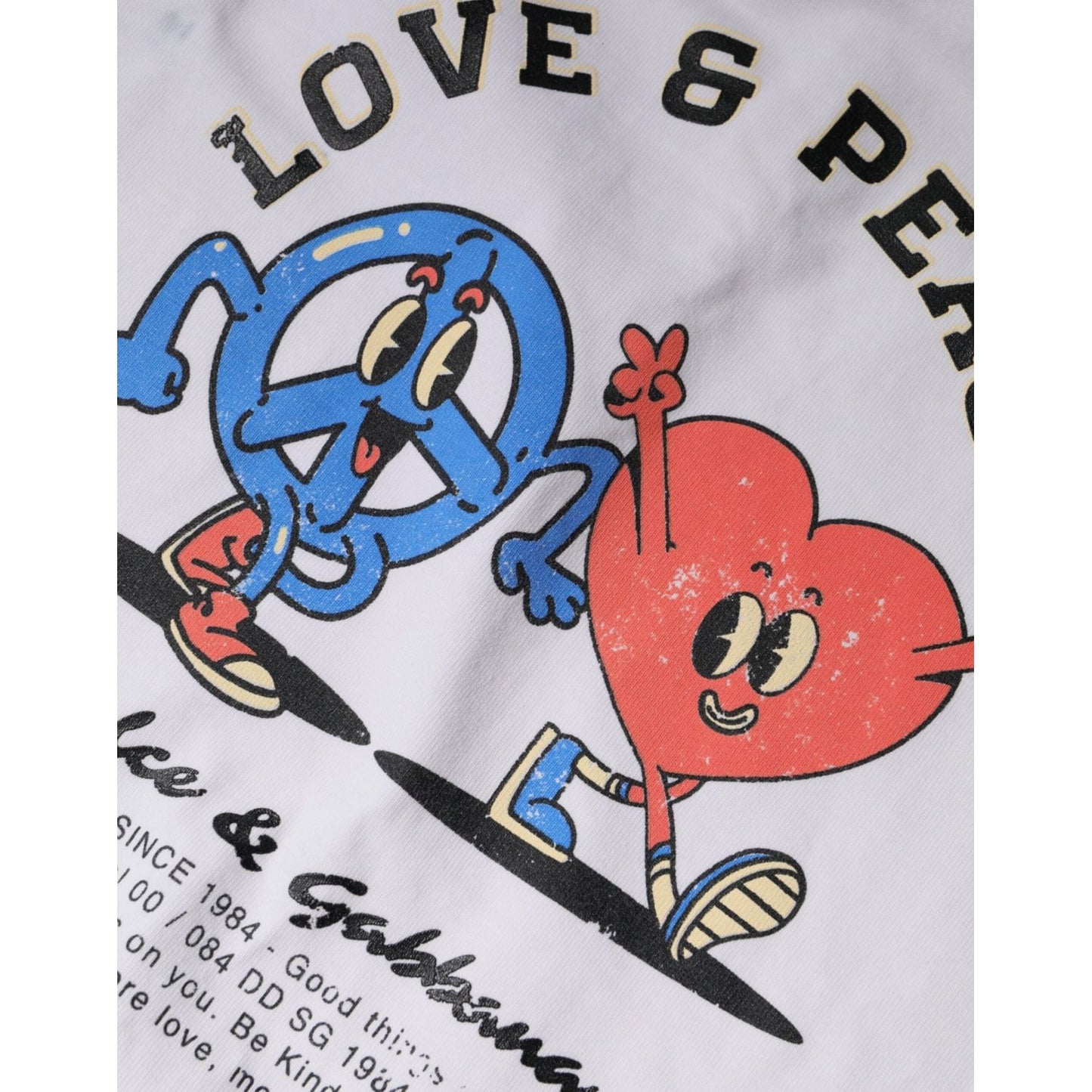 Dolce & Gabbana White Love & Peace T-shirt with colorful heart and peace symbol design featuring logo text at the bottom.