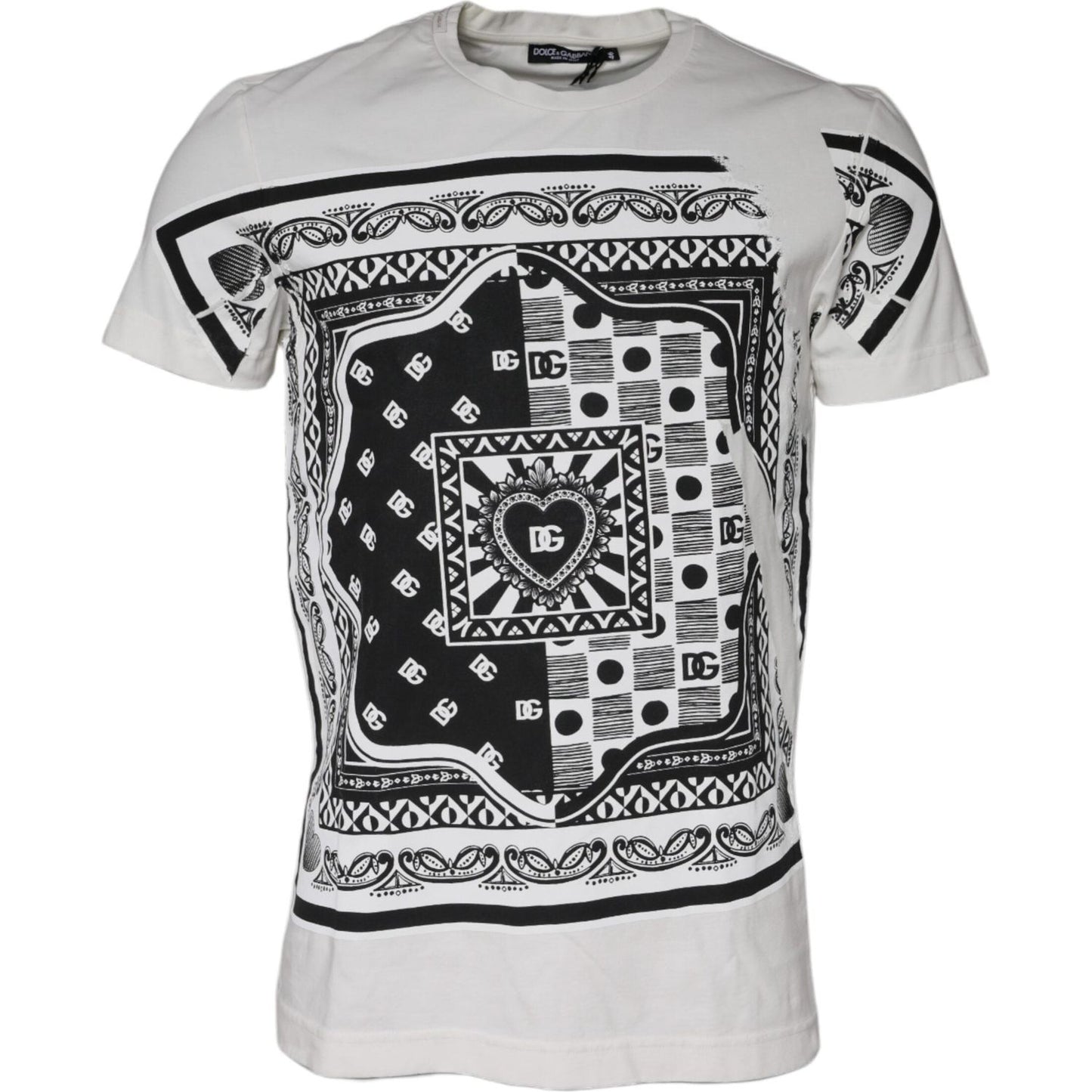 Dolce & Gabbana white bandana print cotton t-shirt with short sleeves, graphic design, crew neck, and logo details. Regular fit, minor defects.