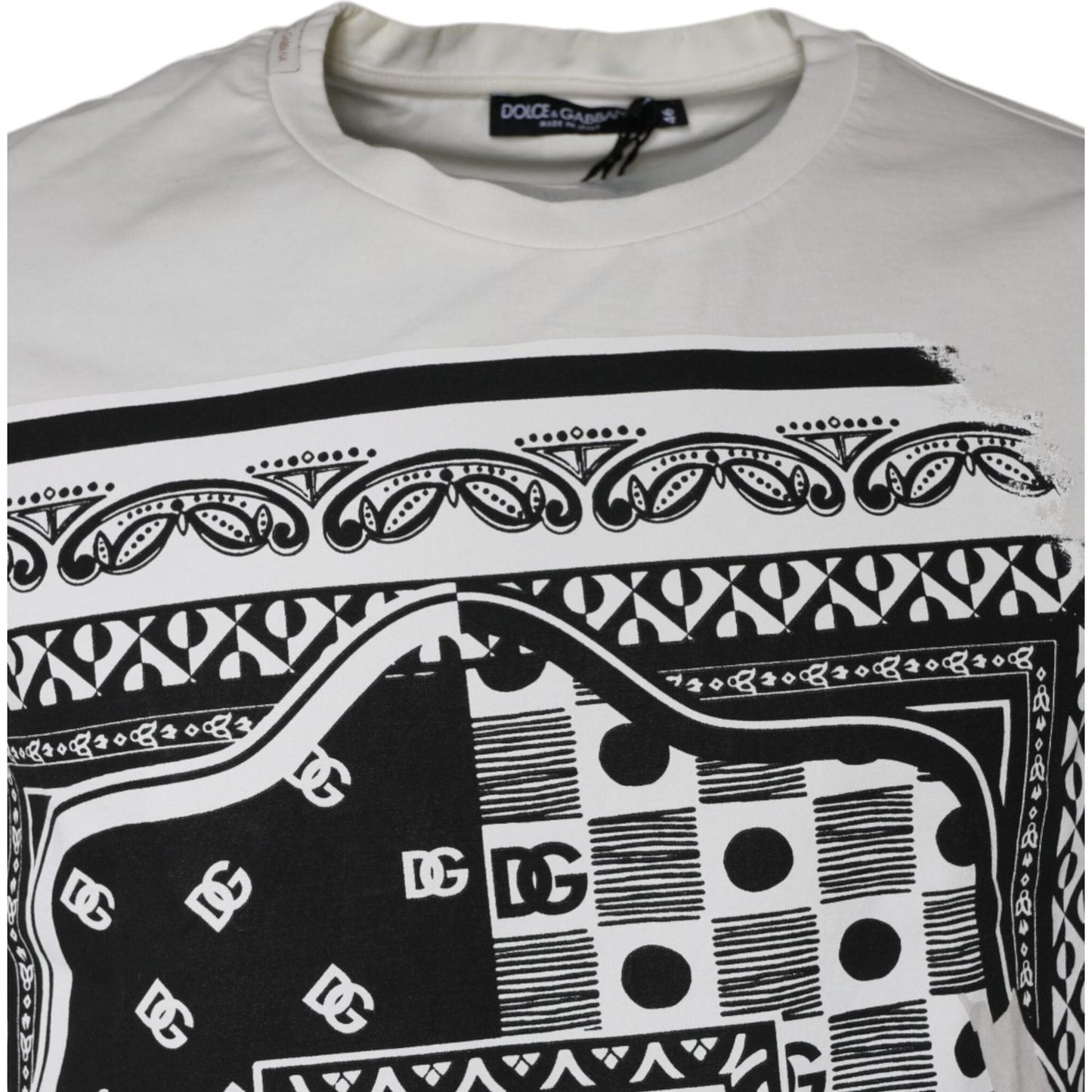 Dolce & Gabbana white bandana print cotton t-shirt with graphic logo, regular fit, minor defects visible.