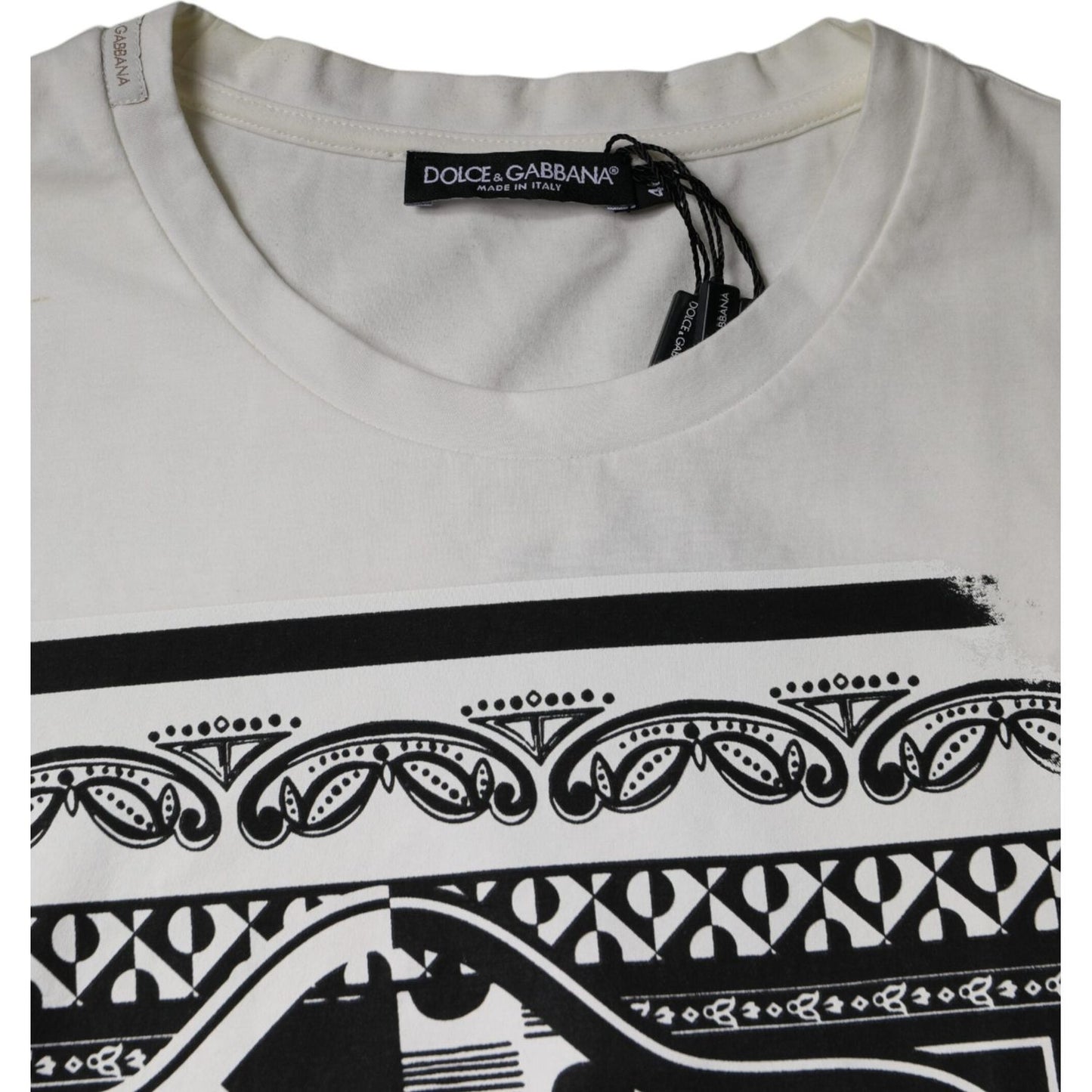 Dolce & Gabbana white bandana print t-shirt with short sleeves, crew neck, and minor defects. 100% cotton. Made in Italy.