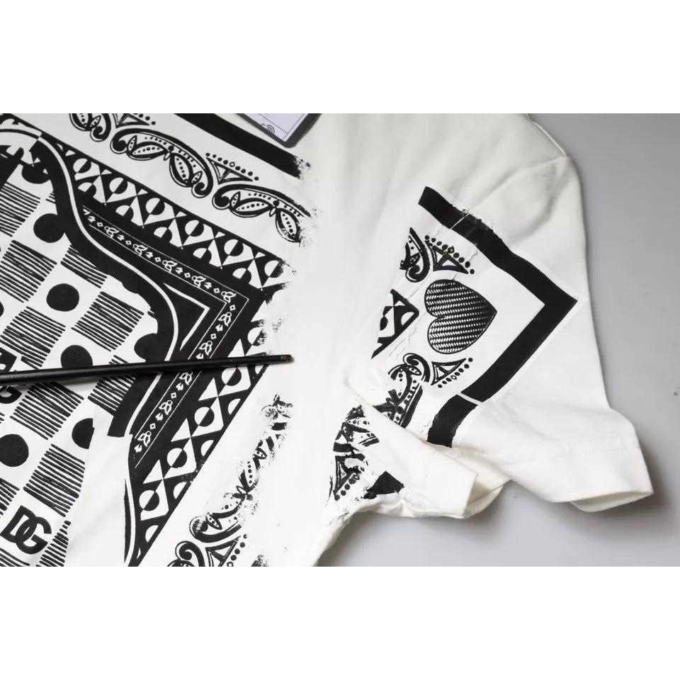 Dolce & Gabbana white bandana print t-shirt with short sleeves, cotton fabric, minor defects, stains, and missing print details.
