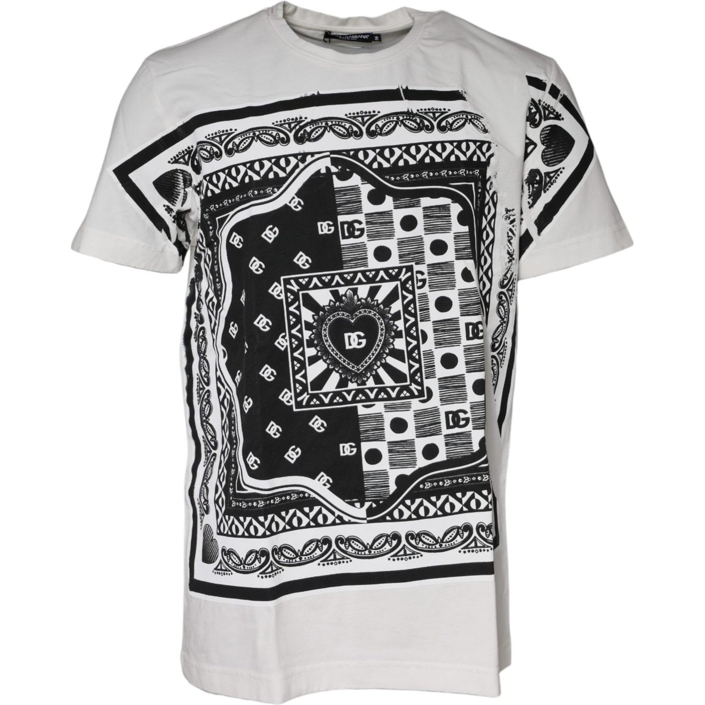 Dolce & Gabbana white bandana print cotton t-shirt with short sleeves and logo details, minor front and back discolorations and stains.