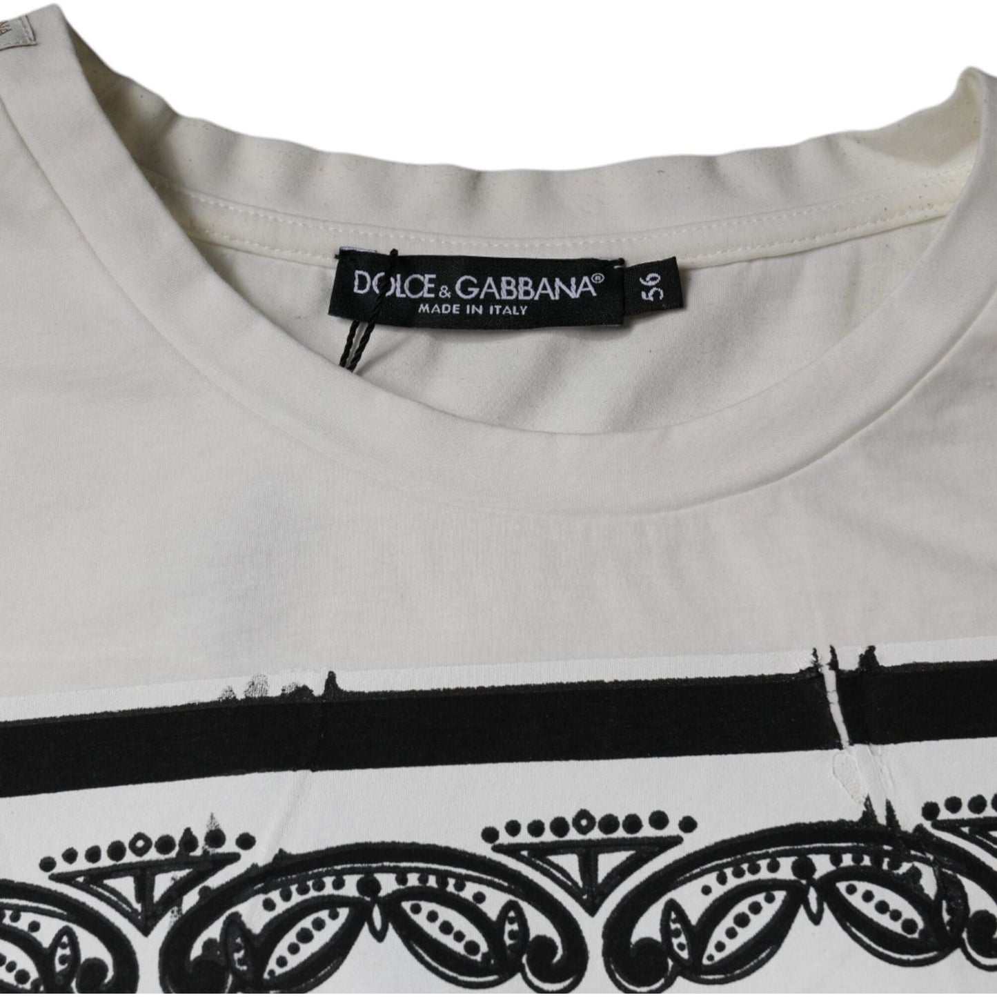 Dolce & Gabbana white cotton t-shirt with bandana print and minor defects, featuring a crew neck and short sleeves.