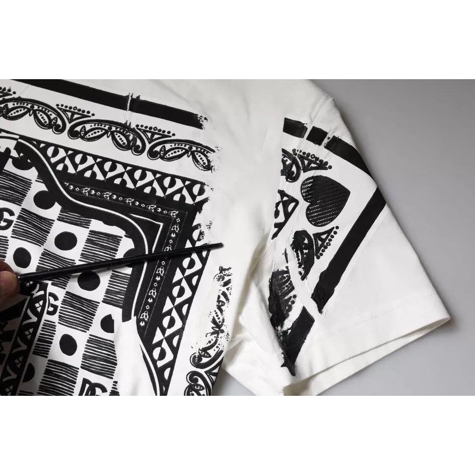 Dolce & Gabbana white bandana print cotton t-shirt with short sleeves, featuring black and white graphic design, highlighting defects.