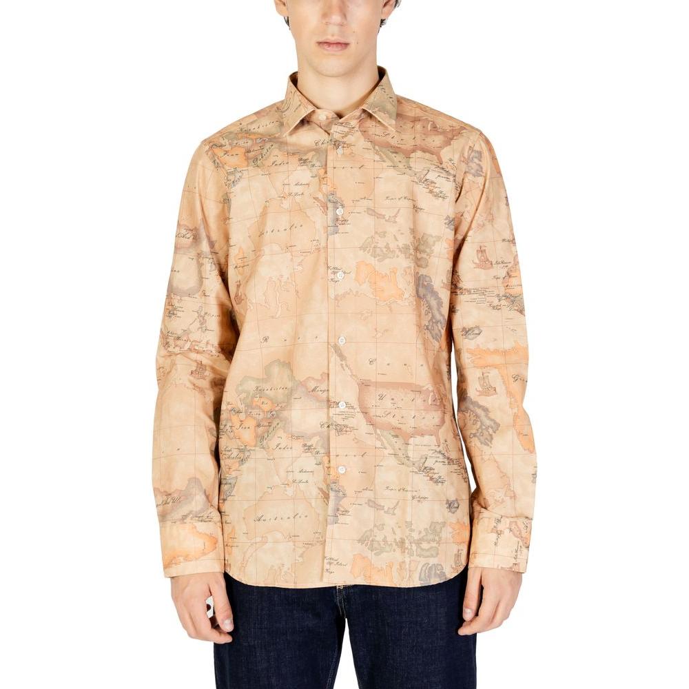 Alviero Martini Prima Classe beige polyester shirt for men, fall/winter collection, featuring a unique map pattern design.