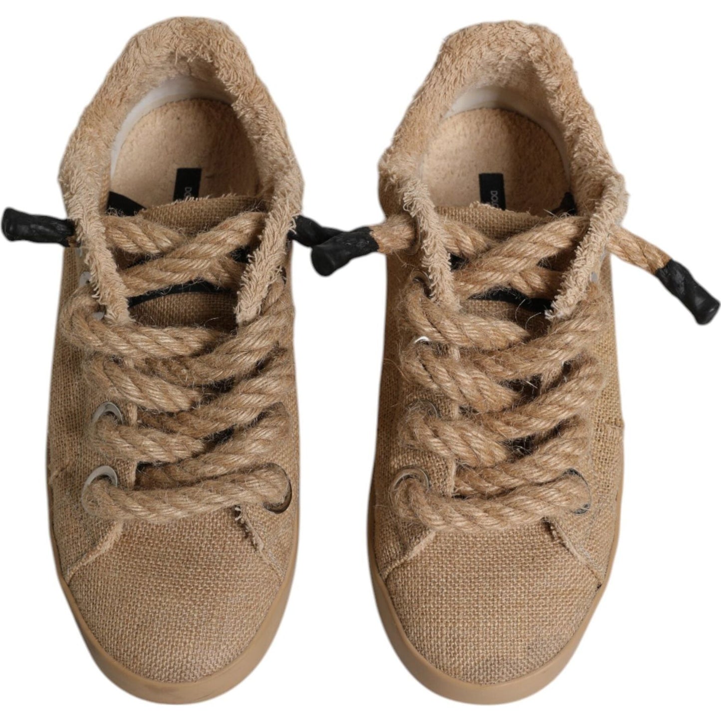 Dolce & Gabbana brown jute low top sneakers with round toes, laced-up vamps, rubber sole, and minor defects.