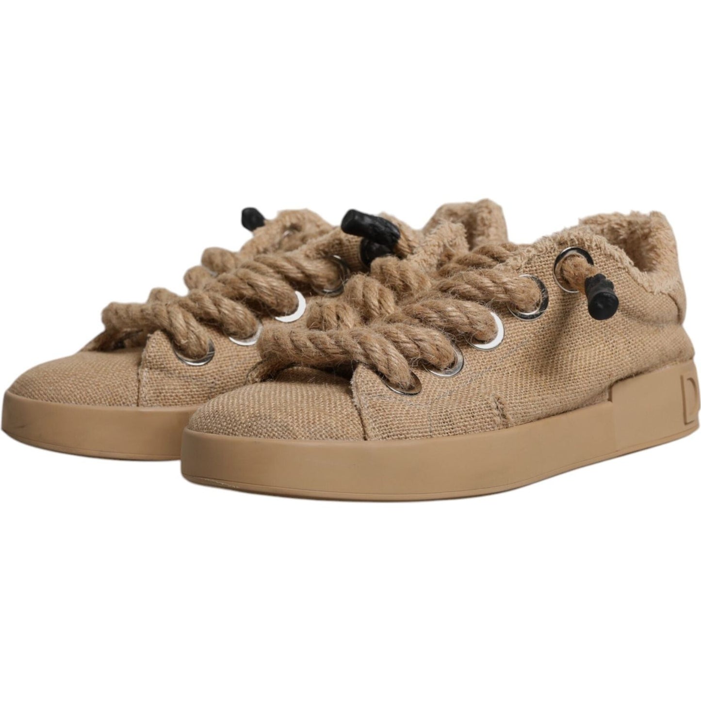 Dolce & Gabbana brown jute low top sneakers, round toes, lace-up design, rubber sole, logo details, minor rips, made in Italy.