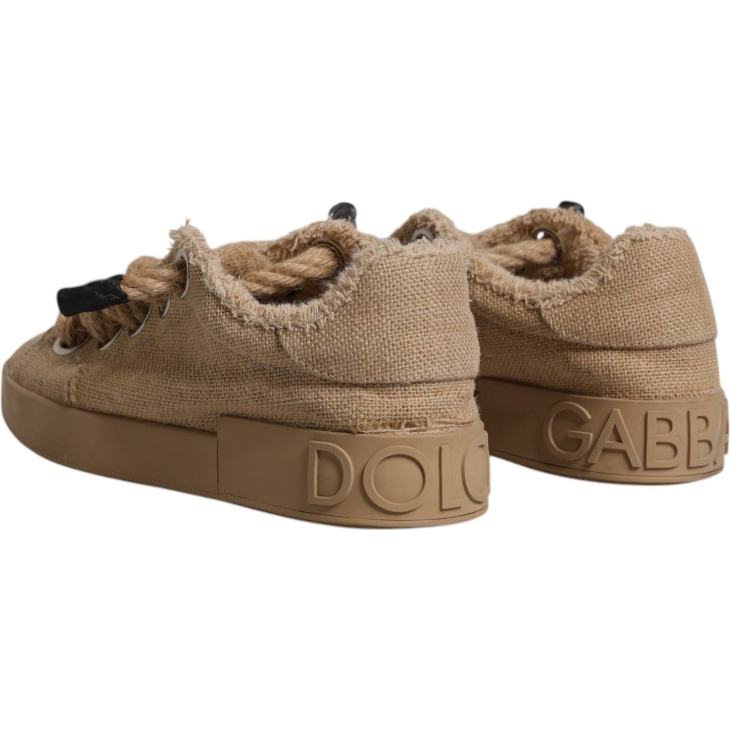Dolce & Gabbana brown jute low top men's sneakers with logo detail, round toes, rubber sole, and minor defects, view from the back.