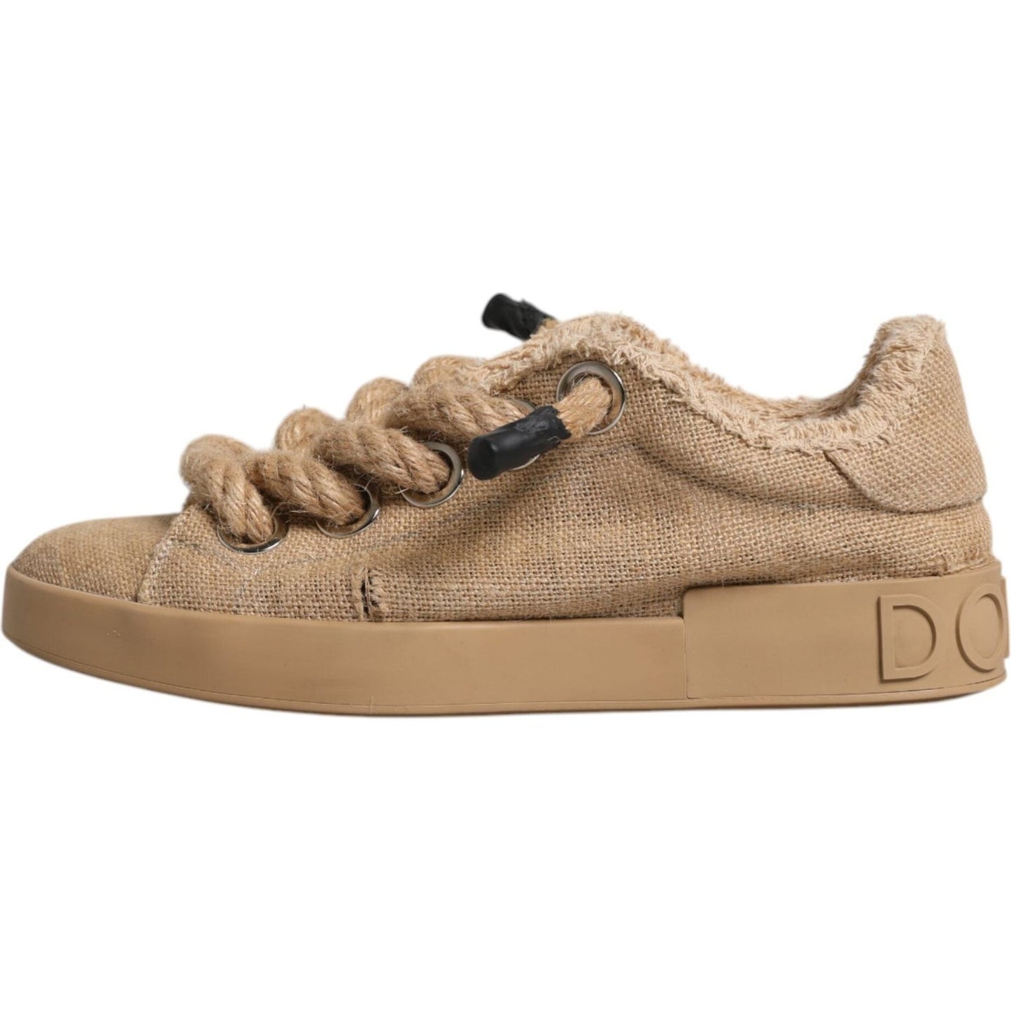 Dolce & Gabbana brown jute low-top men's sneakers with rubber sole and lace-up design; logo detail, made in Italy, minor defect visible.