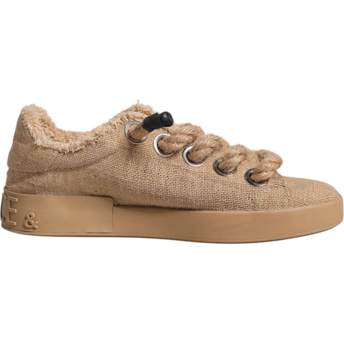 Dolce & Gabbana brown jute low-top men's sneakers with lace-up closure and rubber sole, featuring minor defects.