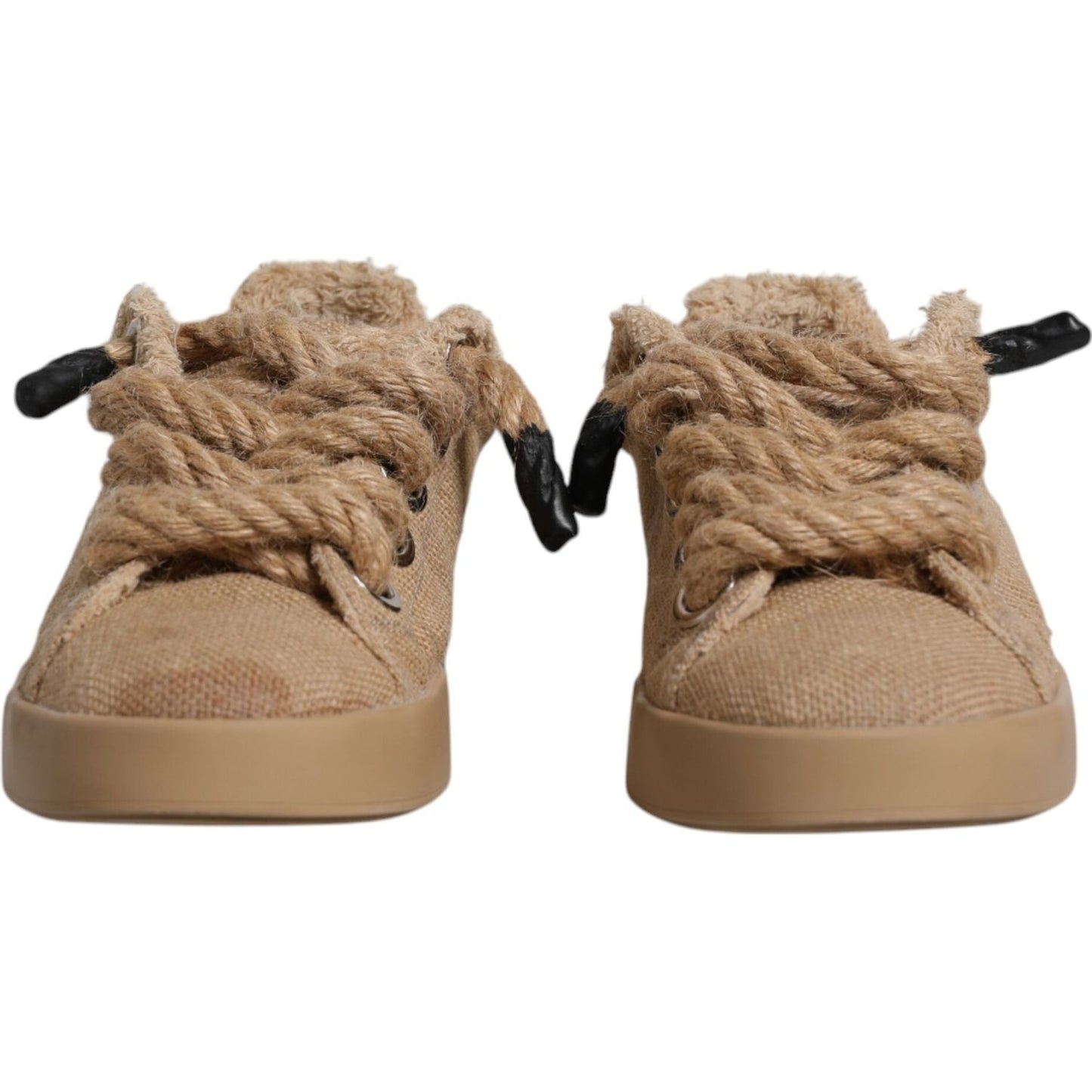 Dolce & Gabbana brown jute fabric sneakers with laces, round toes, rubber soles, and logo detail, featuring minor discolorations and rips.