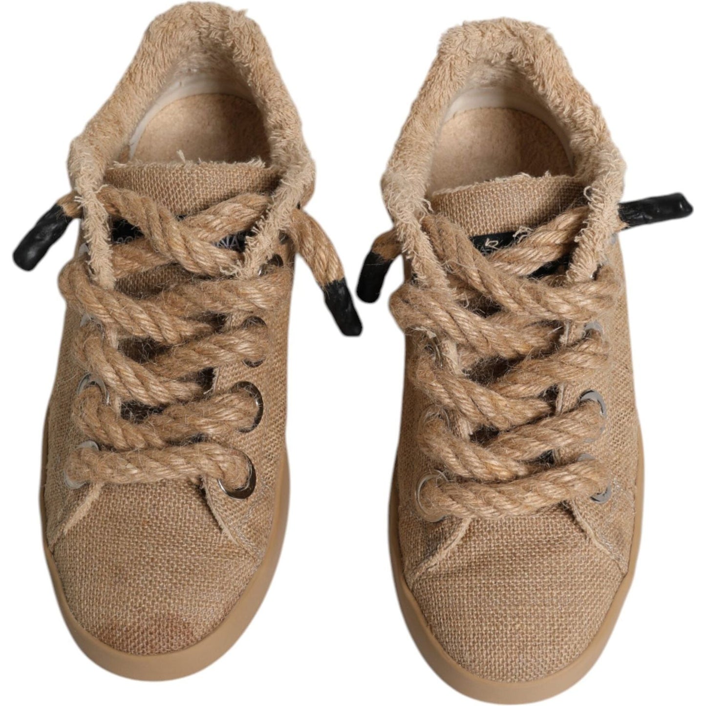 Dolce & Gabbana brown jute fabric low top sneakers for men, featuring round toes and laced-up vamps with minor defects. Made in Italy.